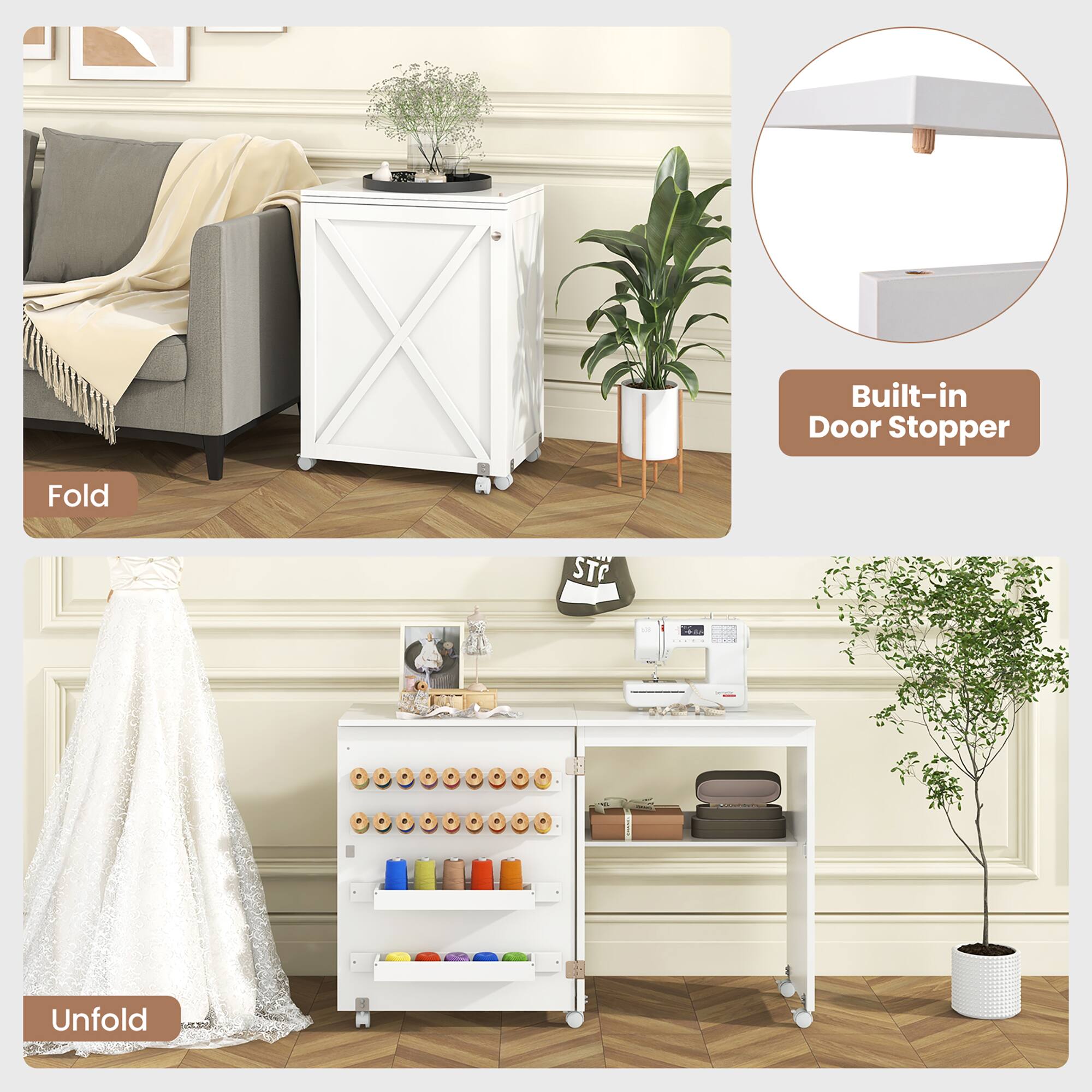 - Built-in Door Stopper
- Fold
- Unfold