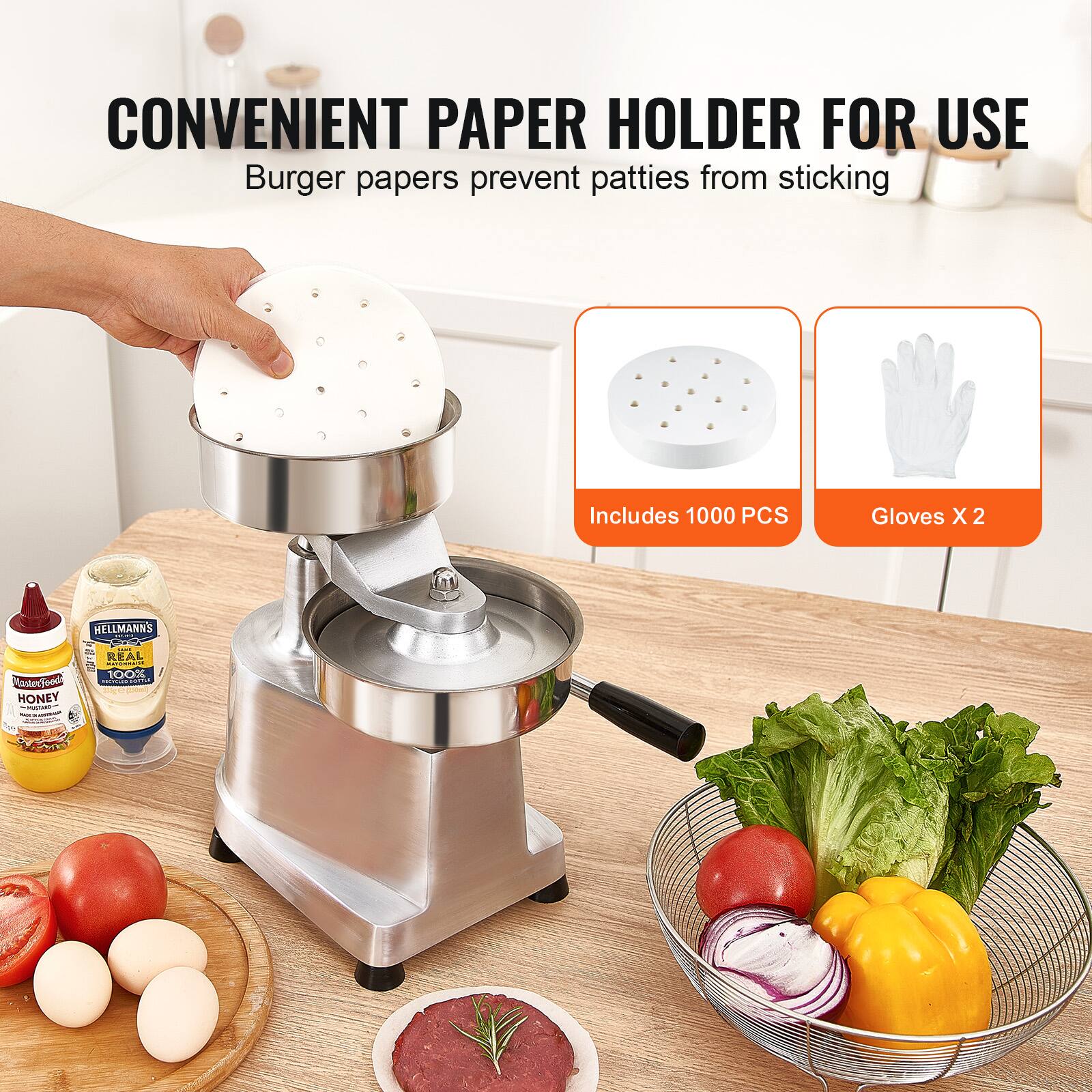 CONVENIENT PAPER HOLDER FOR USE  
Burger papers prevent patties from sticking  

Includes 1000 PCS  
Gloves X 2
