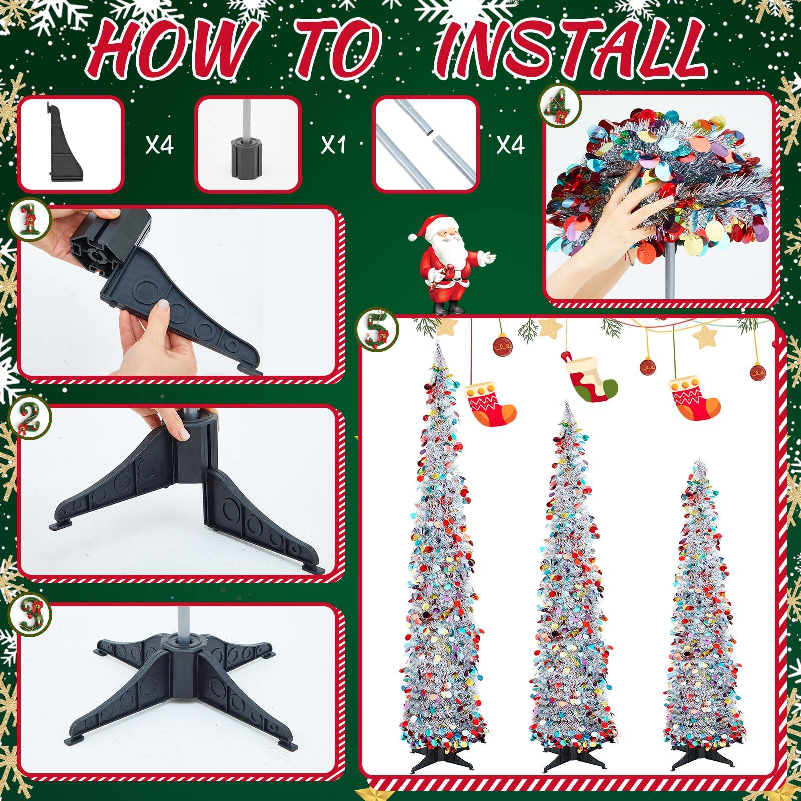 Sure, here is the corrected and grouped text from the image:

---

**HOW TO INSTALL**

- **x4** (image of a black stand)
- **x1** (image of a black base)
- **x4** (image of a silver pole)

1. (Image of a hand assembling the stand)
2. (Image of the assembled stand)
3. (Image of the stand with the pole attached)
4. (Image of a hand attaching the tree to the stand)
5. (Image of the fully assembled Christmas tree)

---
