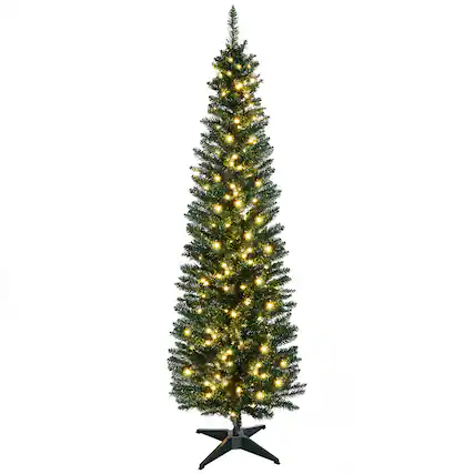 Front. Homcom - Tall Pre-Lit Slim Noble Fir Artificial Pencil Christmas Tree with 200 Warm White LED Lights and 499 Tips - green.