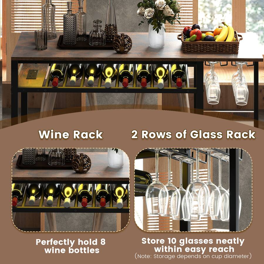 Gymax Rectangular Bar Table w/ Charging Station LED Light Wine Rack 2 ...
