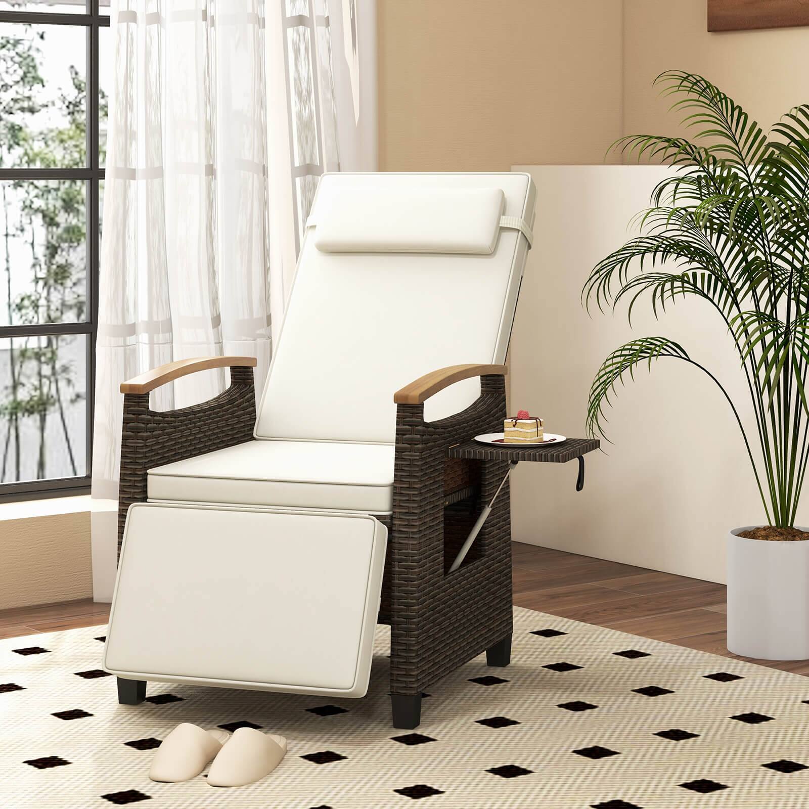 Alt View 2. Costway - 1 PCS Patio Wicker Recliner Chair with Adjustable Backrest Footrest Flip Side Table - White.