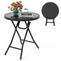 Costway 18" Folding Side Table Round Compact Coffee Table with Tempered Glass Tabletop - Black - Front_Zoom