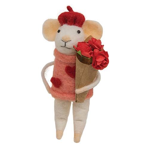 Front. BreeBe - Valentine Mouse with Roses Felted Ornament - White, Red.
