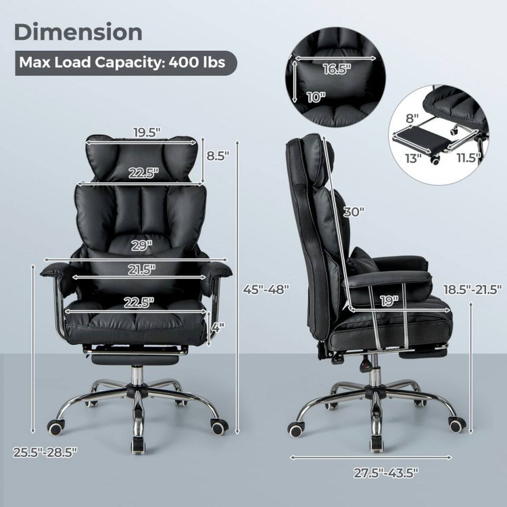 Dimension  
Max Load Capacity: 400 lbs  

- Width: 19.5"  
- Depth: 29"  
- Height: 45"-48"  
- Seat Height: 4"  
- Seat Depth: 22.5"  
- Seat Width: 21.5"  
- Back Height: 30"  
- Back Width: 22.5"  
- Armrest Height: 8.5"  
- Armrest Width: 19"  
- Base Width: 25.5"-28.5"  
- Base Depth: 27.5"-43.5"  
- Footrest Width: 16.5"  
- Footrest Depth: 10"  
- Footrest Height: 8"  
- Footrest Length: 13"  
- Footrest Width: 11.5"  
- Seat to Floor Height: 18.5"-21.5"