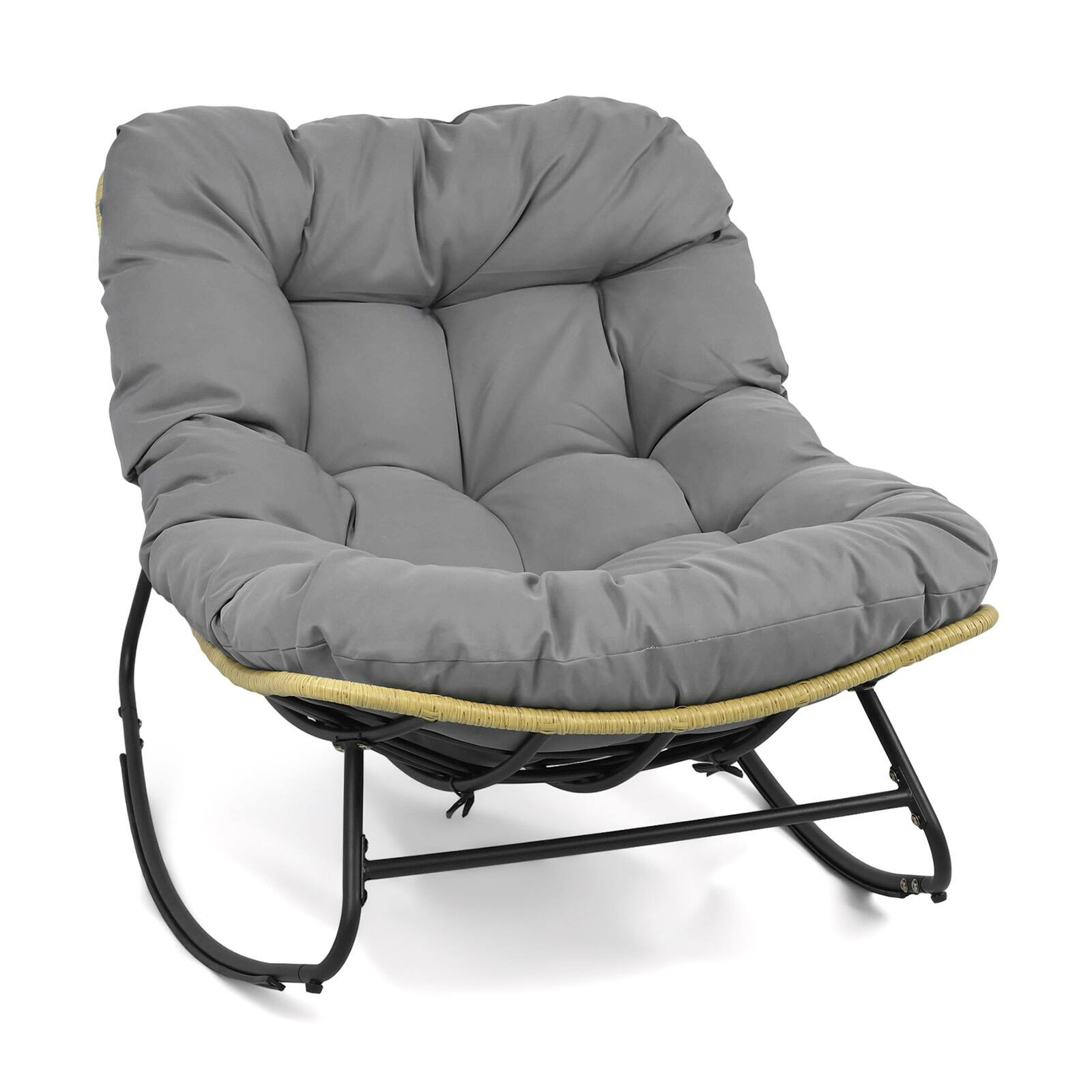 Alt View 9. Gymax - Gymax Outdoor Papasan Rocking Chair Oversized Egg-shaped Rocker w/Thick Cushioned Seat Gray - Gray.