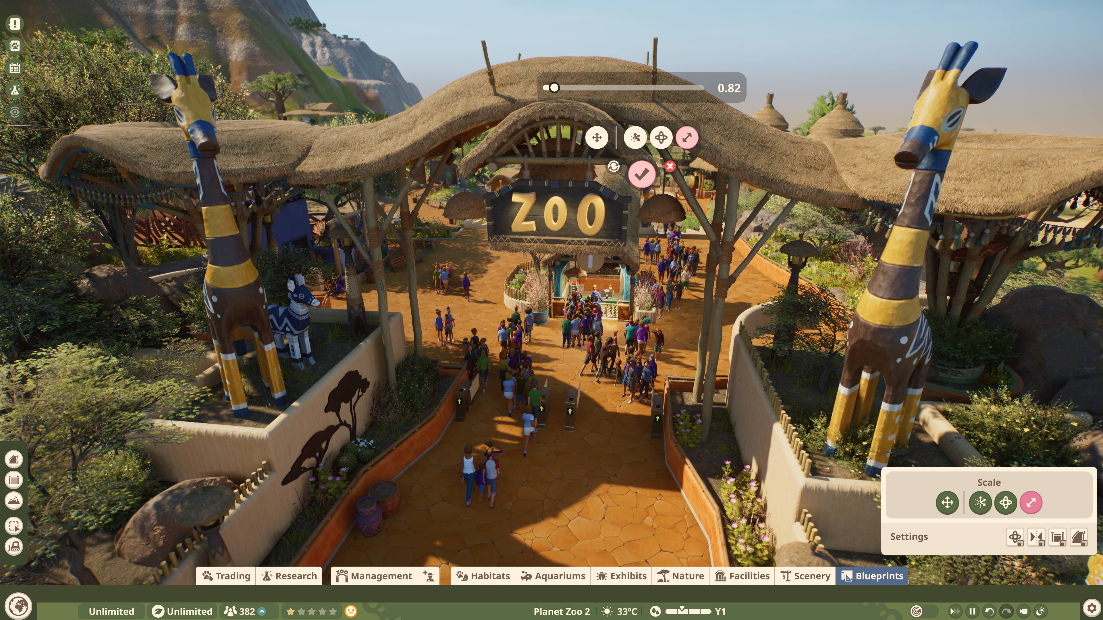 A 0.82 - ZOO x Scale 18 Settings Trading Research Management Habitats Aquariums Exhibits Nature Facilities Scenery Blueprints Unlimited Unlimited 382 Planet Zoo 2 33C Y1