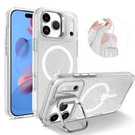Dteck - Glitter Magnetic Case for Apple iPhone 18 Pro with Camera Stand, Sparkle Translucent Shockproof Cover with Wrist Strap - White