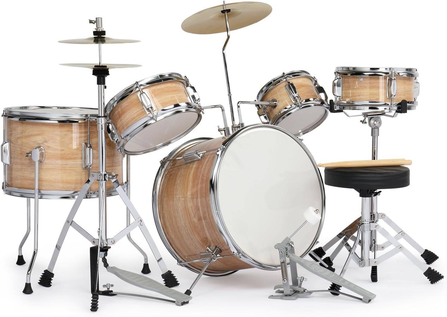 Front. Winado - 5-Piece Complete Junior Drums Set, 14 Inch Beginners Drum Kit with Throne Stool, Pedal & Drumsticks With  Cymbal.