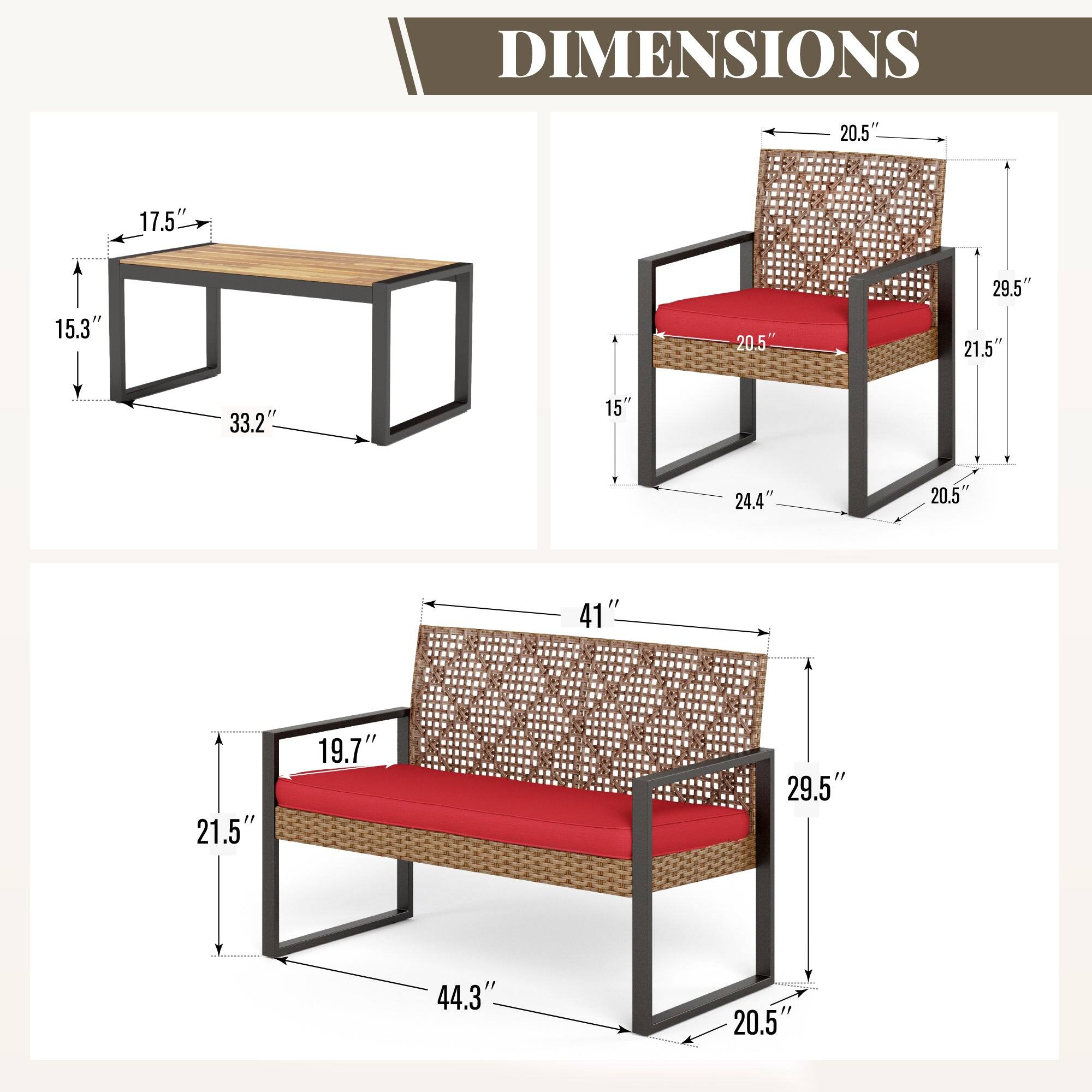 DIMENSIONS
- Table: 17.5" W x 15.3" D x 33.2" H
- Chair: 20.5" W x 21.5" D x 29.5" H
- Bench: 41" W x 21.5" D x 29.5" H
