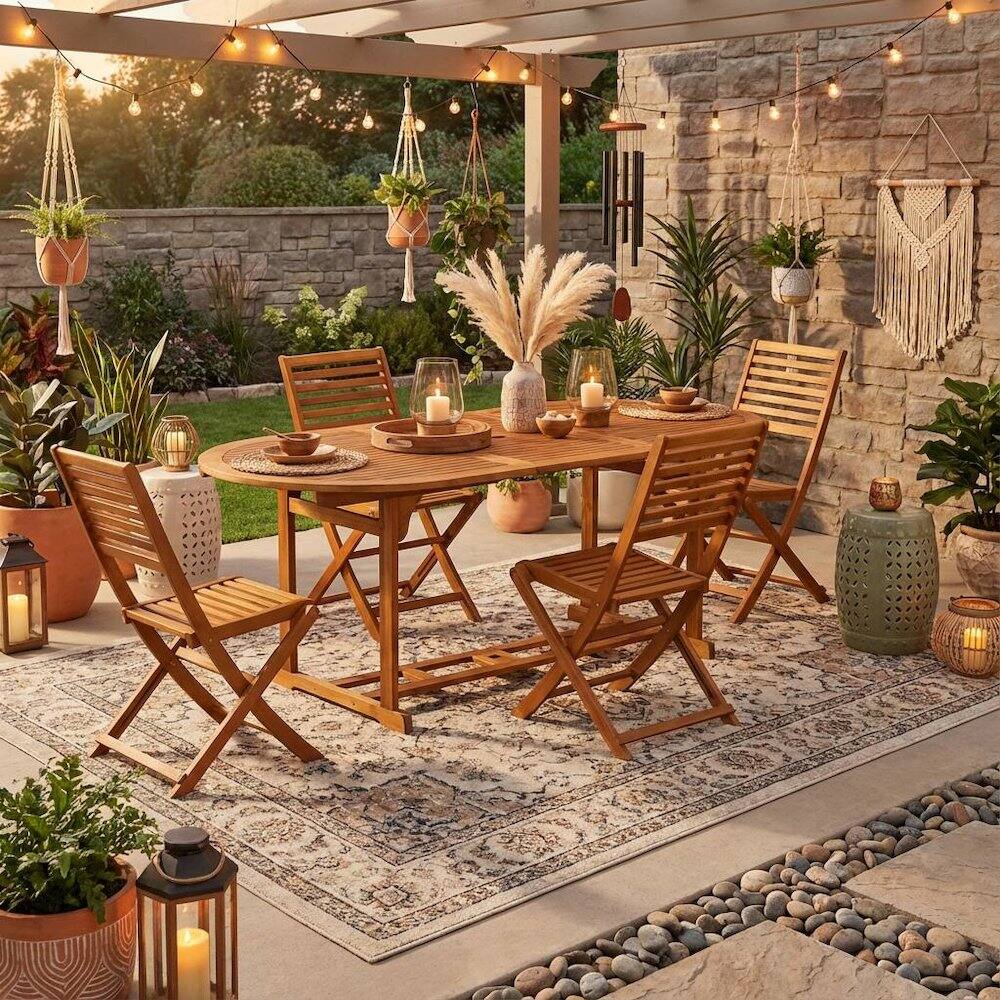 Alt View 3. Outdoor Escape - Wooden Patio Set Oil Finish Dining Table with 4 Matching Outdoor Side Chairs - Brown.