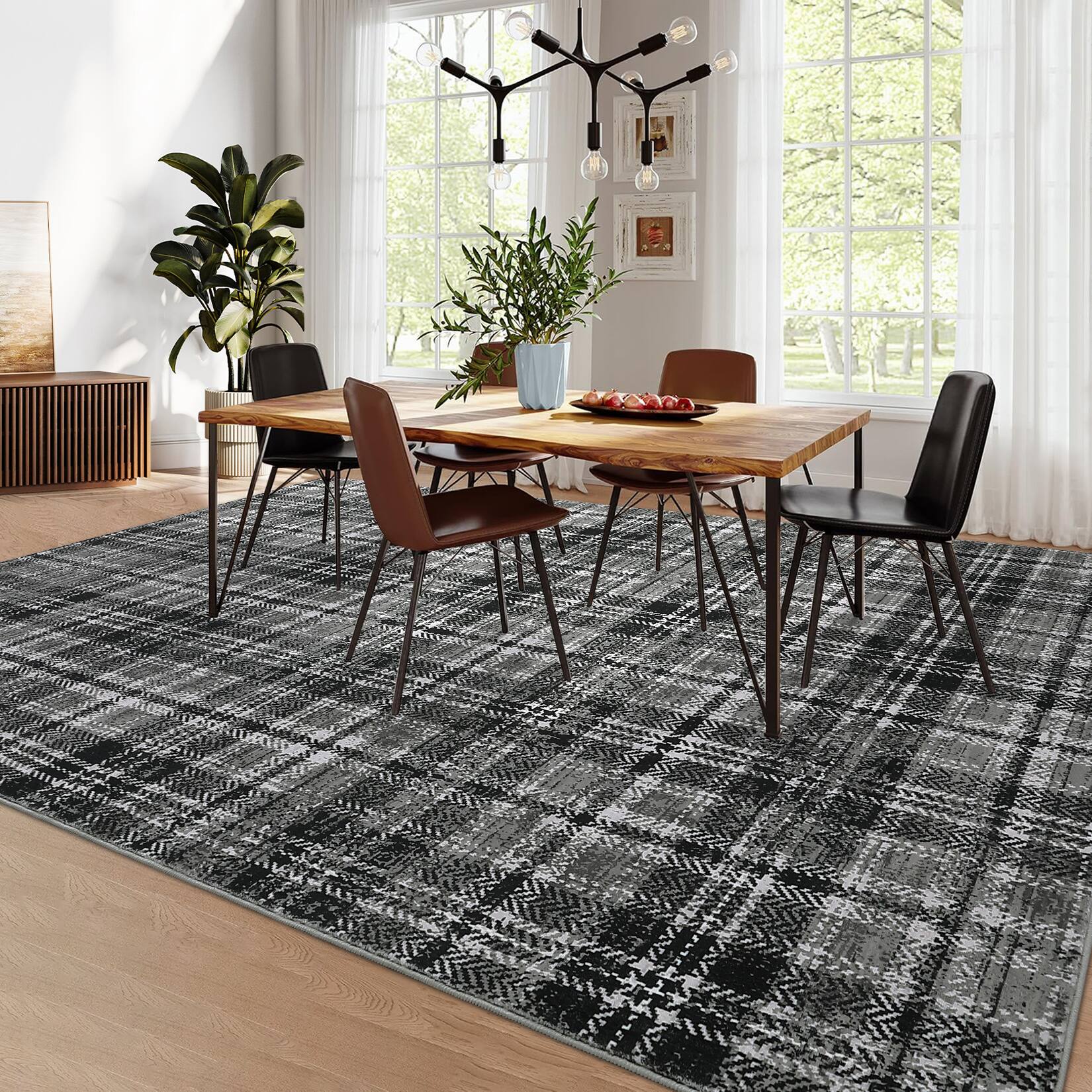 Left. Jojoka - Modern Geometric Area Rug Irregular Grid Pattern Washable Non Slip Ultra Thin Low Pile Rug for Living Room Laundry - Grey.