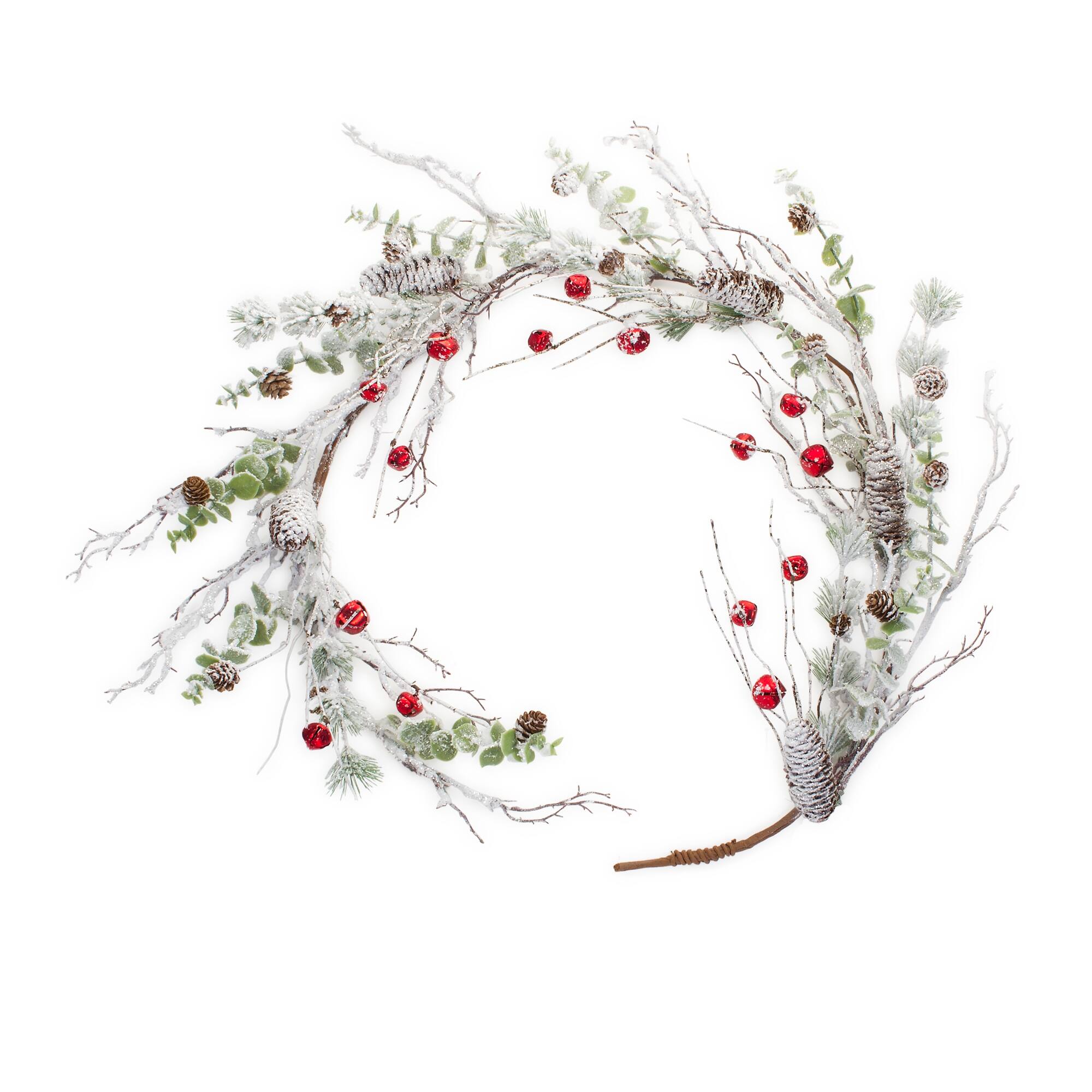 Angle. BreeBe - Snowy Flocked Twig Pine Garland with Sleigh Bells (Set of 2) - White, Red, Green.