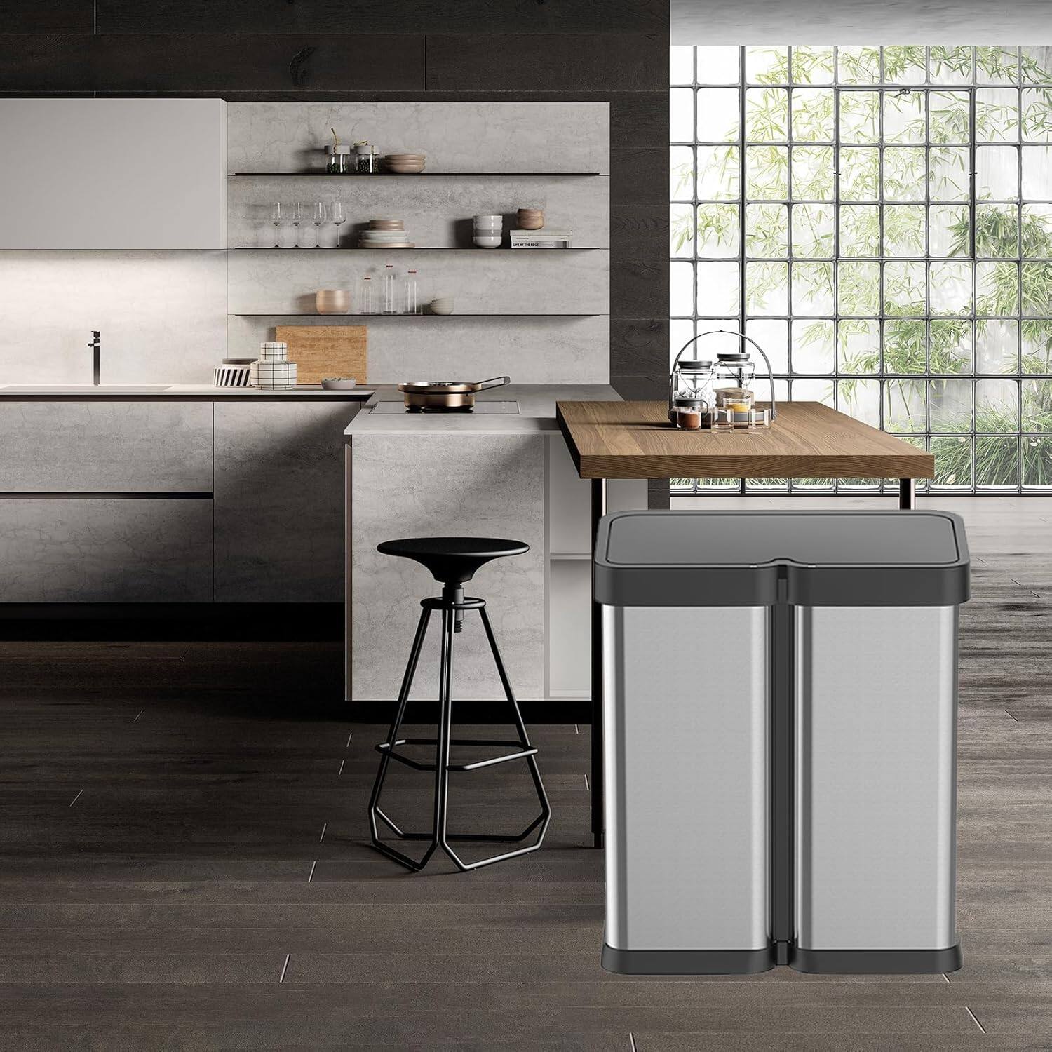 Alt View 2. Acekool - 16 Gallon Silver Motion Sensor Trash Can with Dual 30 Liter Compartments, Automatic Hands-Free Lid, Stainless Steel - Silver.