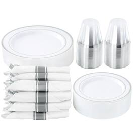 Elama - 350 Piece Disposable Plastic Dinnerware Party Set for 50 Guests with Silver Trim - White