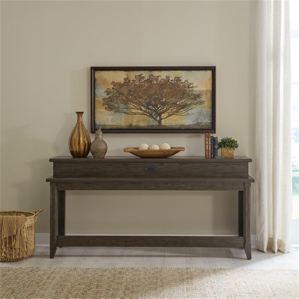 Angle. Liberty Furniture Industries - Console Bar Table Traditional - AC USB Charging Station - Saddle Brown Oak Wood - Saddle Brown.