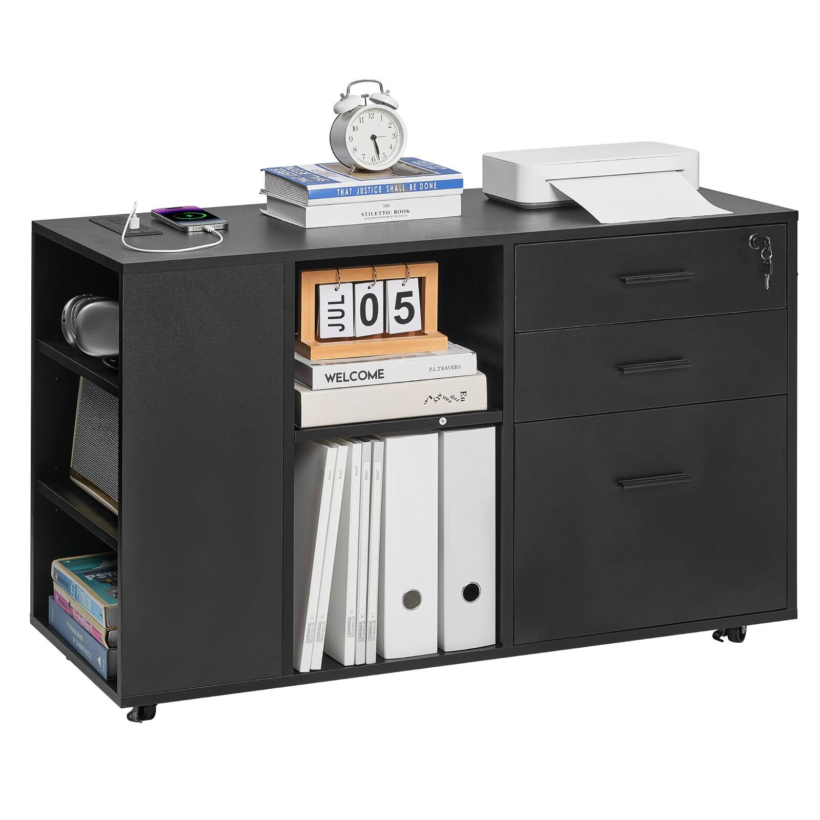 VEVOR - 3 Drawer Wooden File Cabinet, Mobile Filing Cabinet with Power Strip,Lockable Rolling File Storage with Shelves&5 Wheels - Black