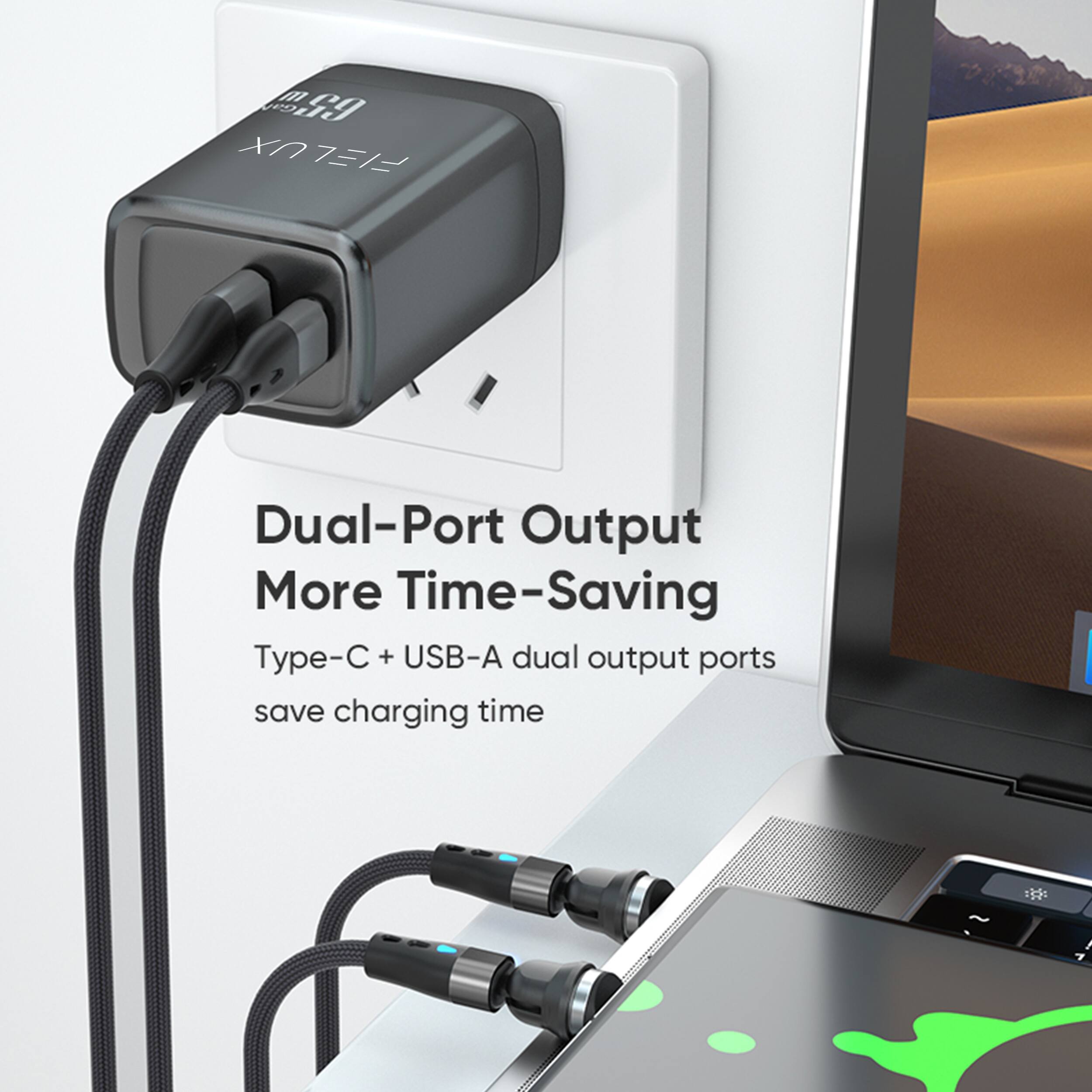 Dual-Port Output  
More Time-Saving  
Type-C + USB-A dual output ports save charging time