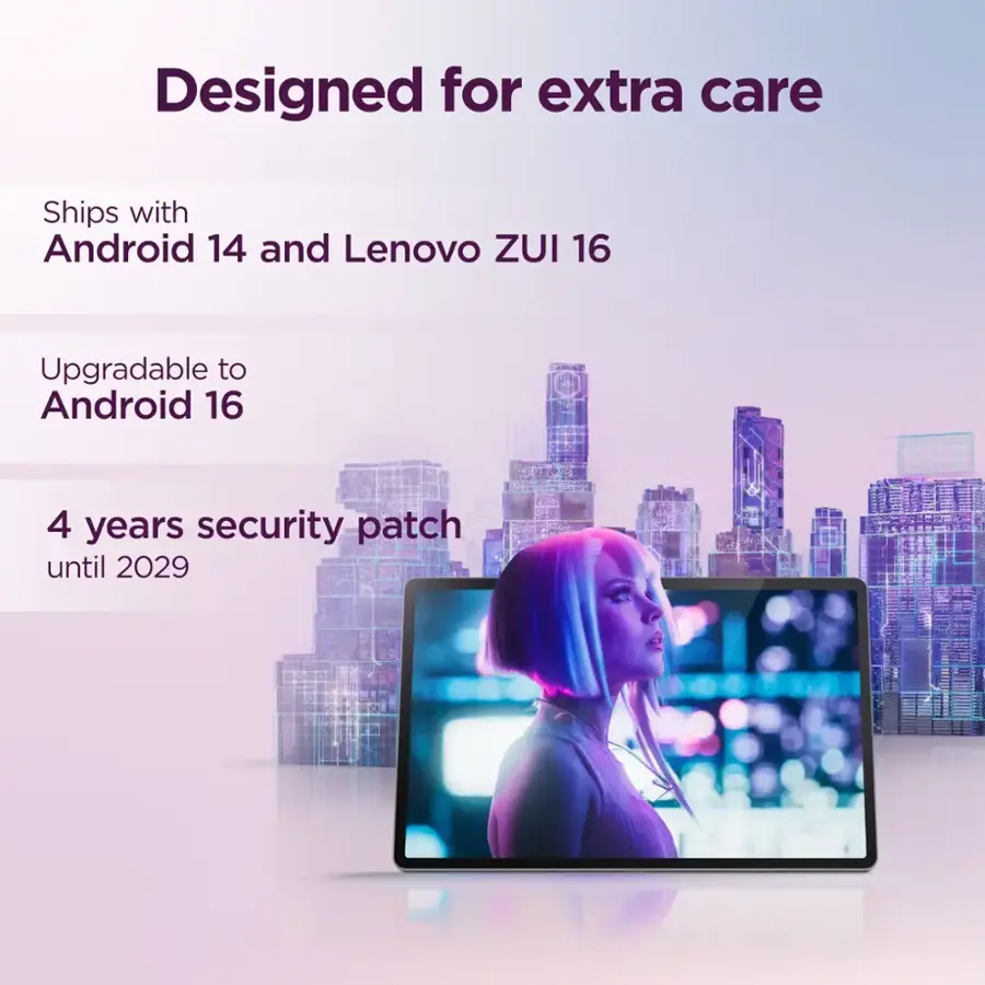 Designed for extra care: Ships with Android 14 and Lenovo ZUI 16, and is upgradable to Android 16. The device offers 4 years of security patches until 2029.