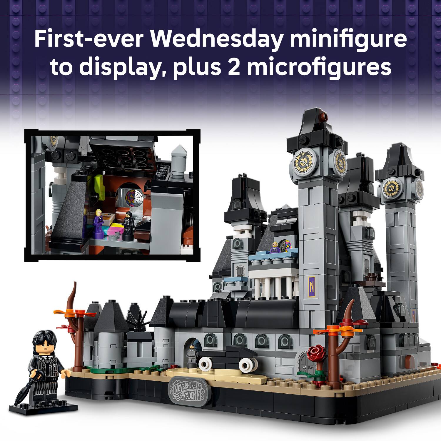 First-ever Wednesday minifigure to display, plus 2 microfigures