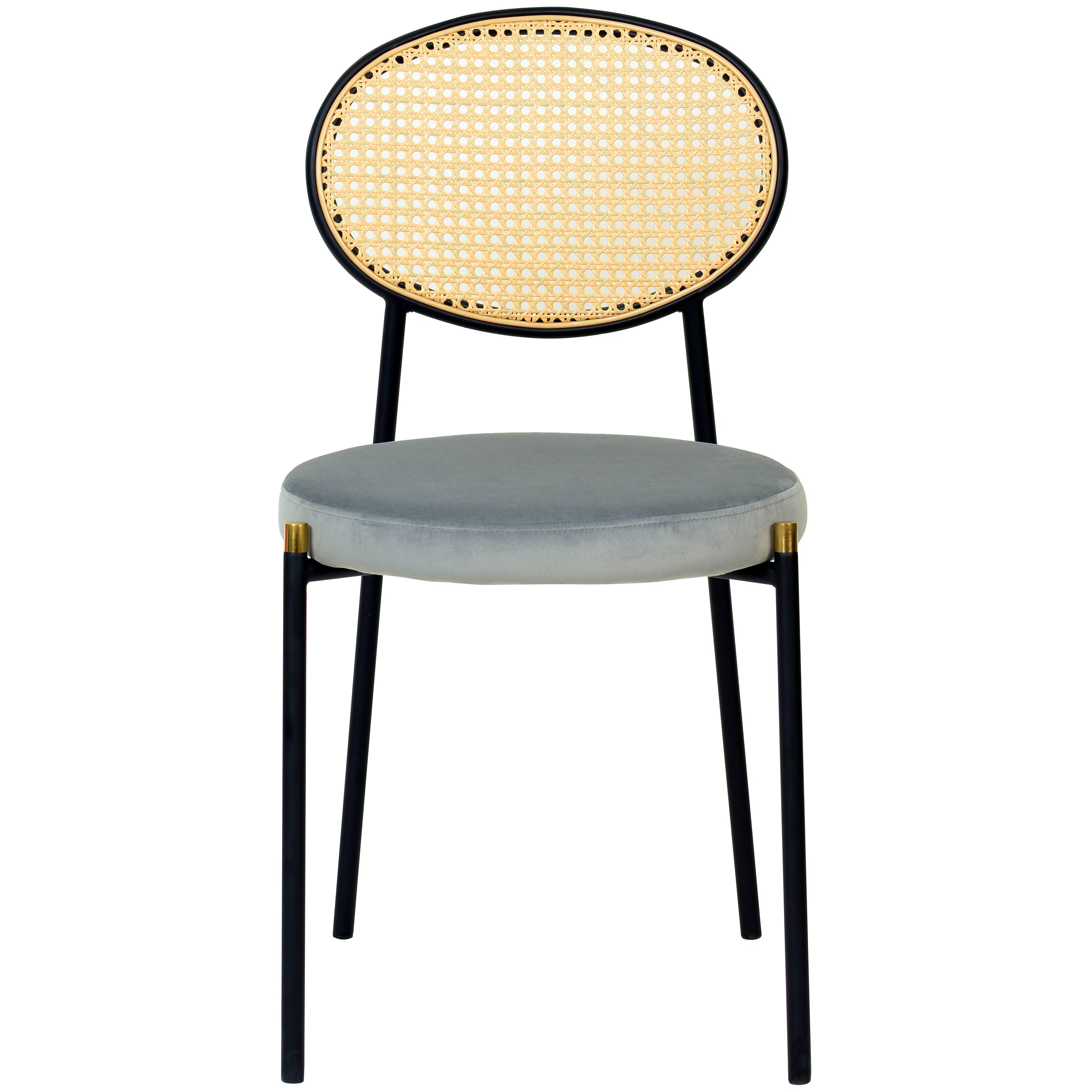 Alt View 2. LeisureMod - Euston 2-PCS Boho Wicker Back Dining Chair, Luxury Velvet Leather Kitchen Side Chair with Powder-Coated Steel - Grey.