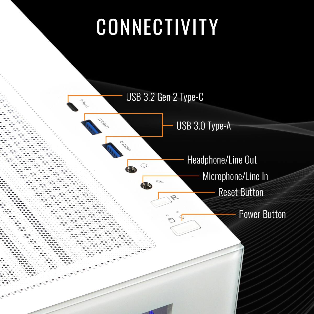 USB 3.2 Gen 2 Type-C, USB 3.0 Type-A, Headphone/Line Out, Microphone/Line In, Reset Button, Power Button