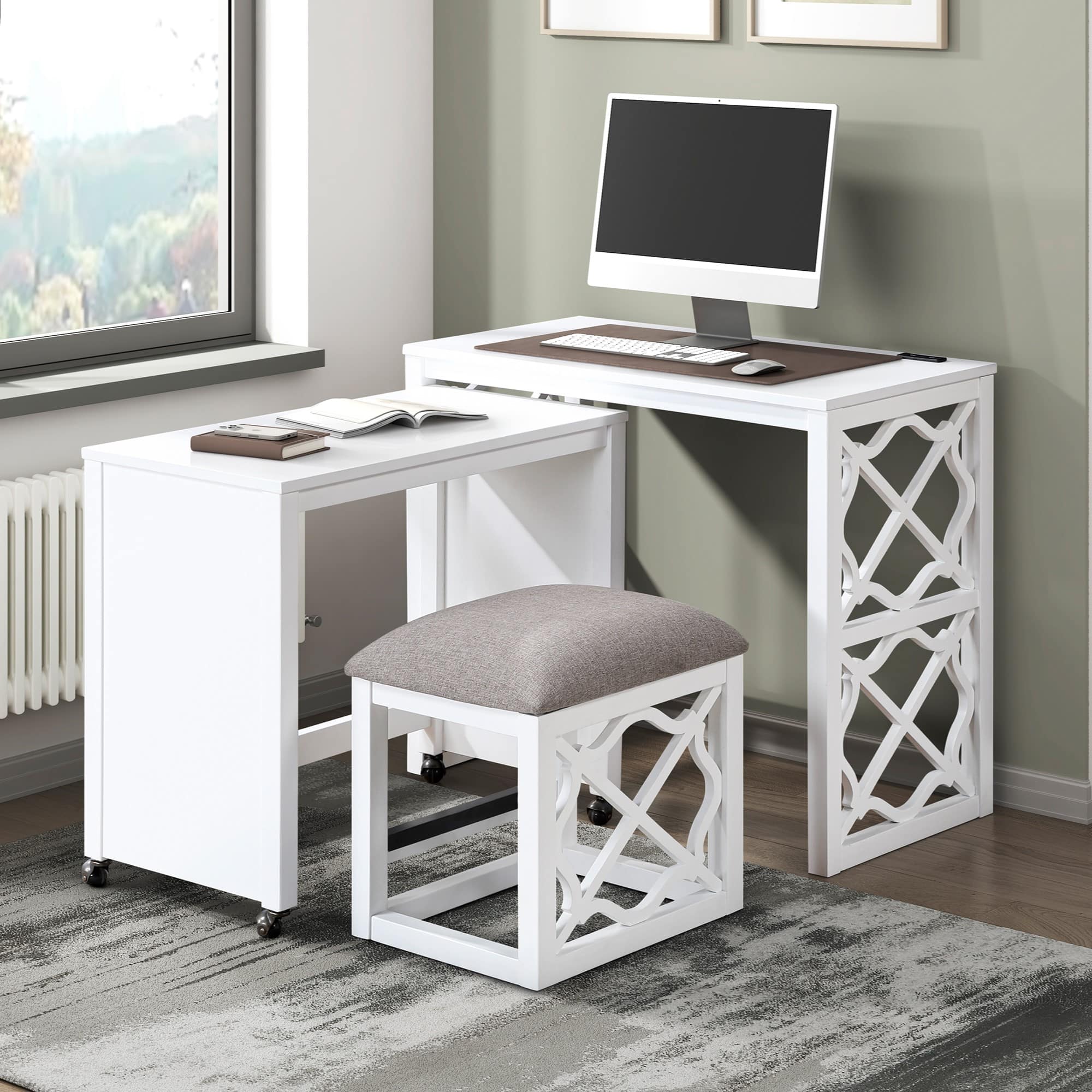 Tiramisubest - Desks and Stool Set 3pc Finish Rolling Desk with Casters, 2 Charging ports Home Office Furniture - White