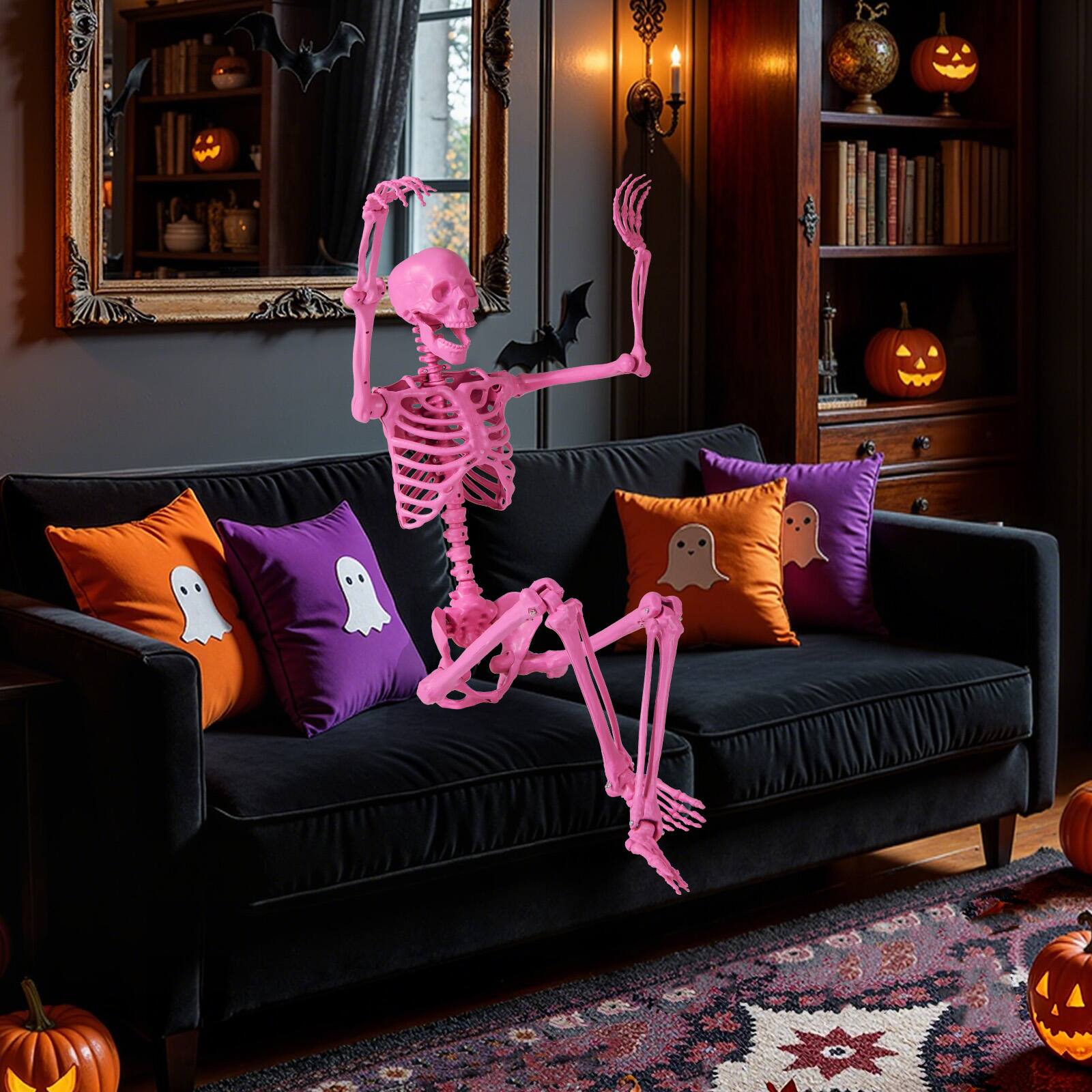 Alt View 5. Costway - Costway 5.5 FT Poseable Halloween Skeleton Life-Size Decoration with Movable Joints - Pink.