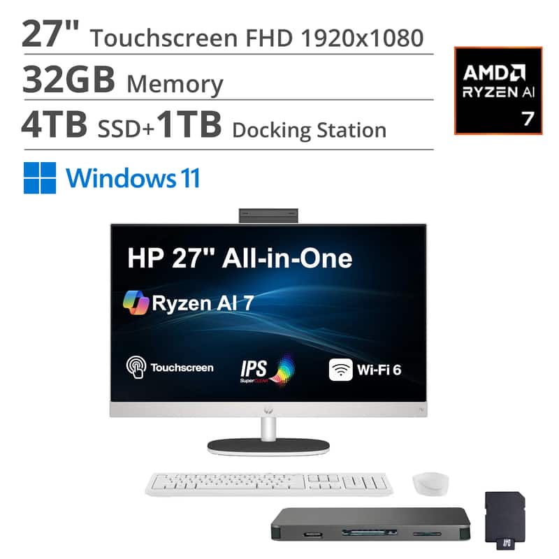 HP - 27 All-in-One 27 FHD Display (Ryzen AI 7 350, 32GB, 4TB SSD, AMD Radeon 680M, WiFi 6, Win 11 Home) w/1TB Dock Set - White