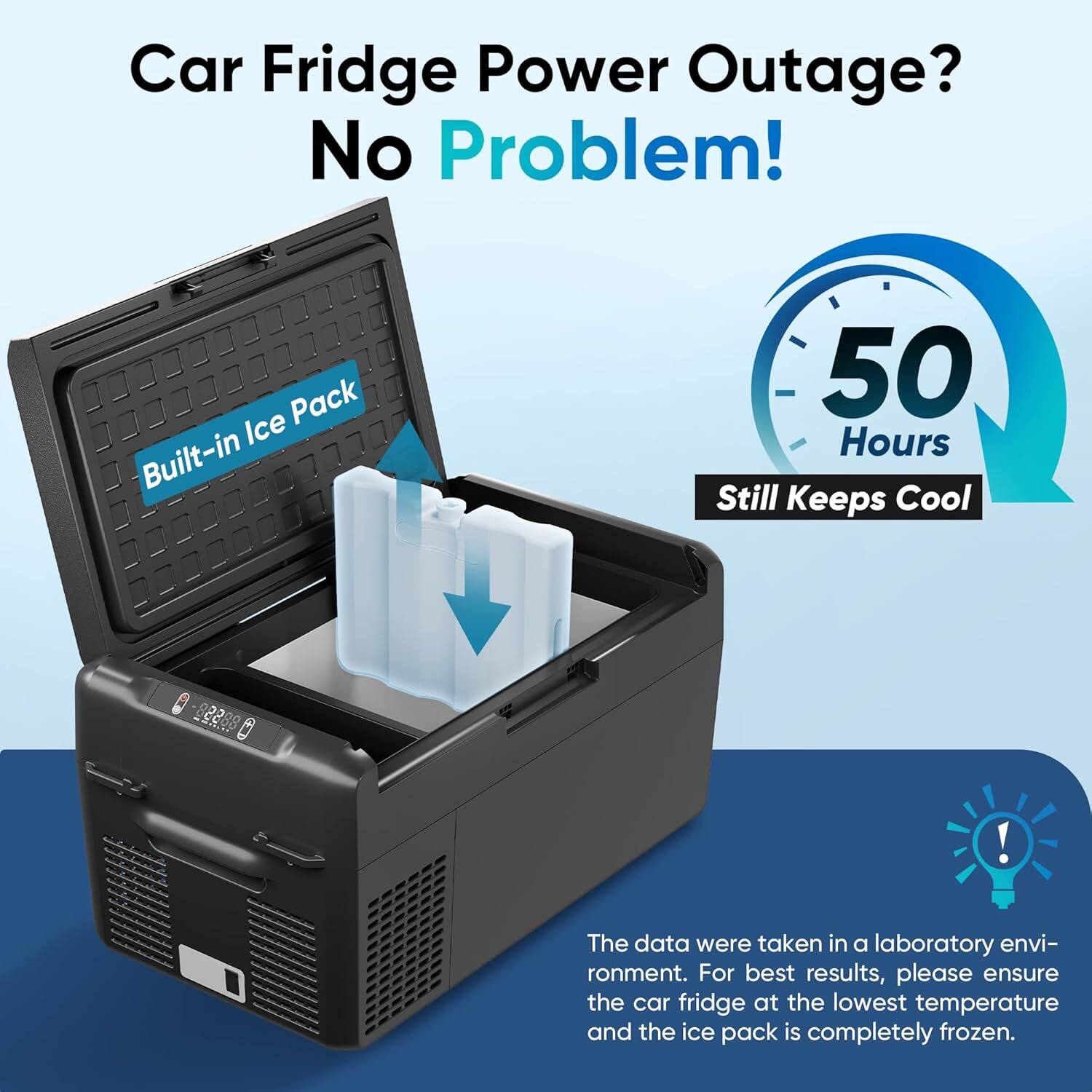 Car Fridge Power Outage? No Problem! Ice Pack Built-in 50 Hours Still Keeps Cool! The data were taken in a laboratory environment. For best results, please ensure the car fridge is at the lowest temperature and the ice pack is completely frozen.