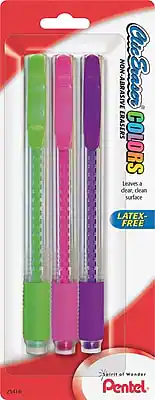 Sure, here is the corrected and grouped text from the image:
---
**Product Name:**
- Clicker Erasers Colors
**Features:**
- Non-Abrasive Erasers
- Leaves a clear, clean surface
- Latex-Free
**Brand:**
- Pentel
**Packaging:**
- Spirit of Wonder
**Item Number:**
- 25416
---