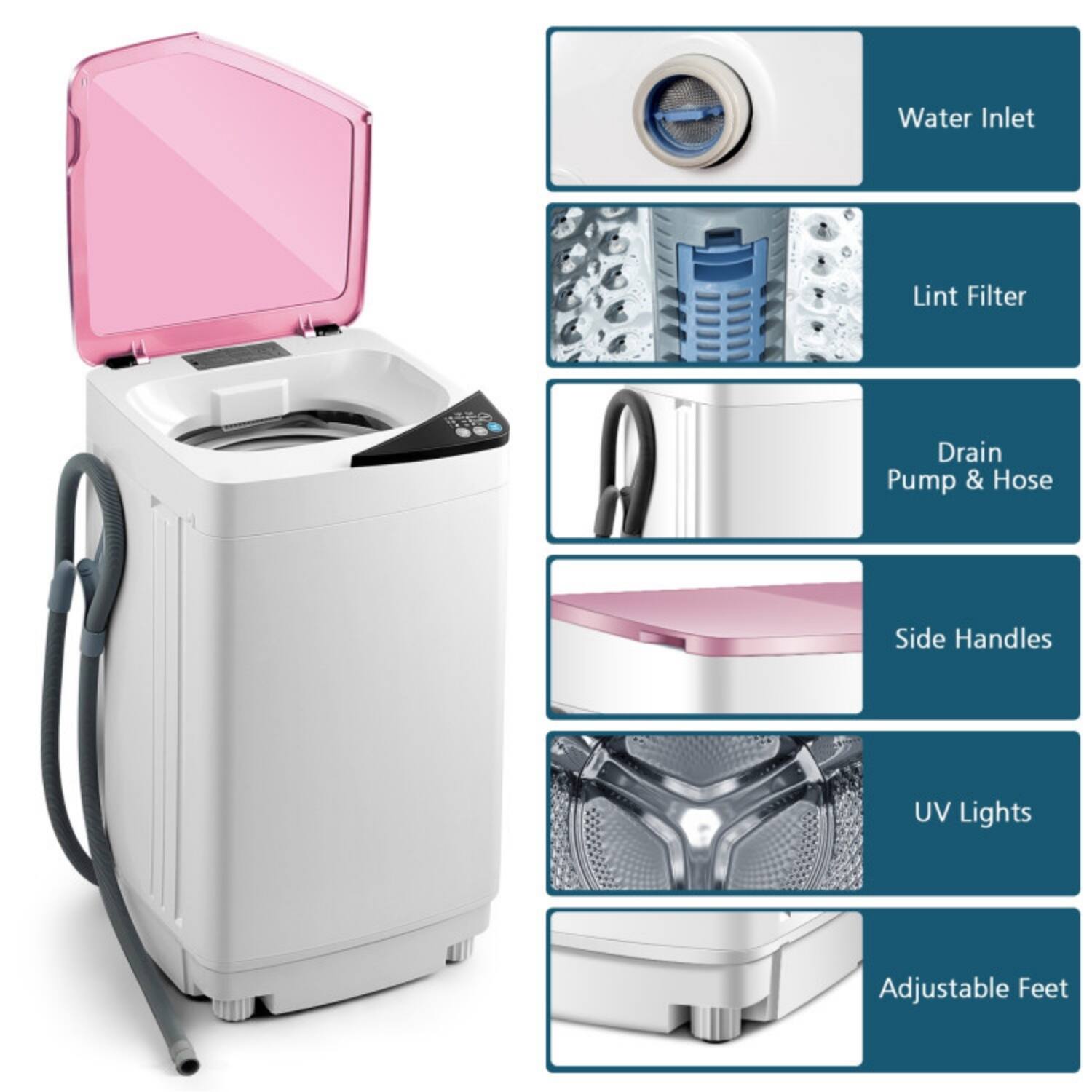 - Water Inlet
- Lint Filter
- Drain Pump & Hose
- Side Handles
- UV Lights
- Adjustable Feet