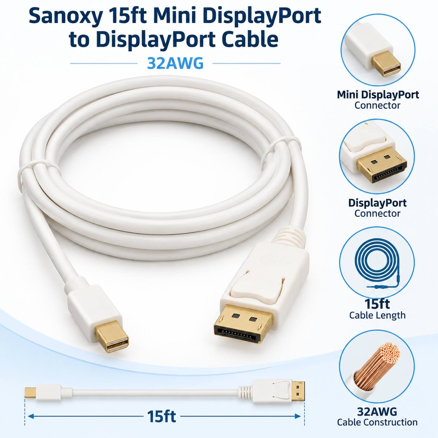 Sanoxy 15ft Mini DisplayPort to DisplayPort Cable 32AWG

- Mini DisplayPort Connector
- DisplayPort Connector
- 15ft Cable Length
- 32AWG Cable Construction