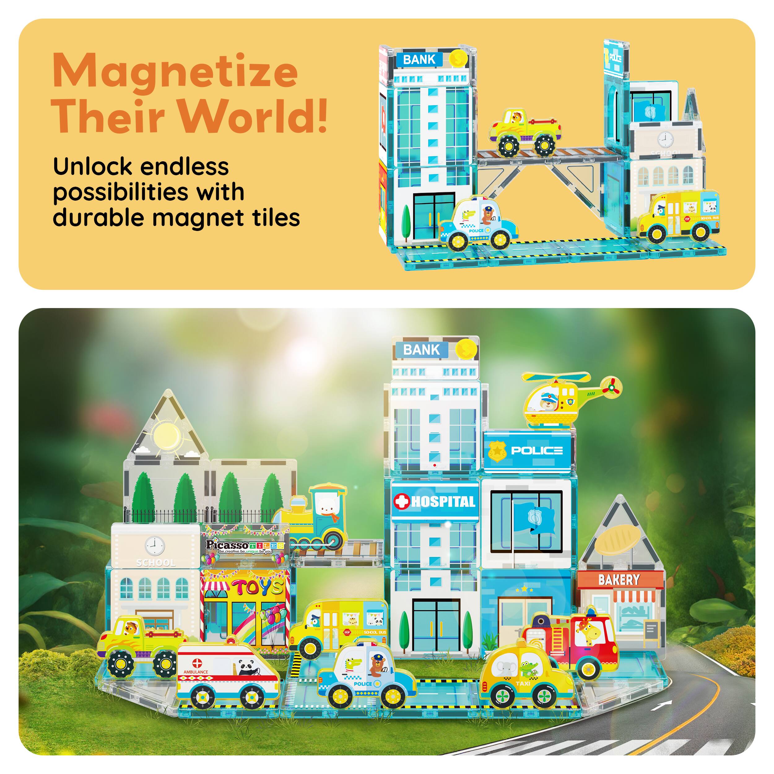 Magnetize Their World!  
Unlock endless possibilities with durable magnet tiles  

BANK  
POLICE  
HOSPITAL  
TOYS BAKERY  
Picasso SCHOOL  
POU POLICE