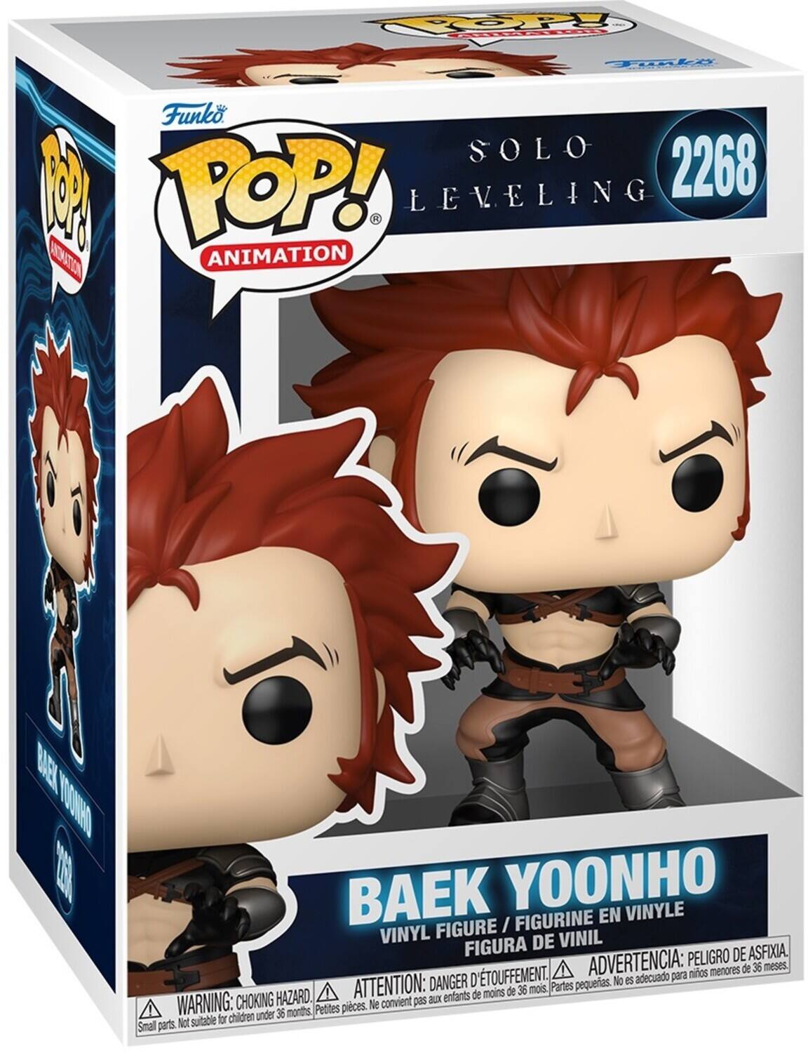 POP! Animation  
Solo Leveling  
2268  
Baek Yoonho  
Vinyl Figure / Figurine en Vinyle / Figura de Vinil  

Warning: Choking Hazard. Small parts. Not suitable for children under 36 months.  
Attention: Danger d'étouffement. Ne convient pas aux enfants de moins de 36 mois.  
Advertencia: Peligro de asfixia. No es adecuado para niños menores de 36 meses.