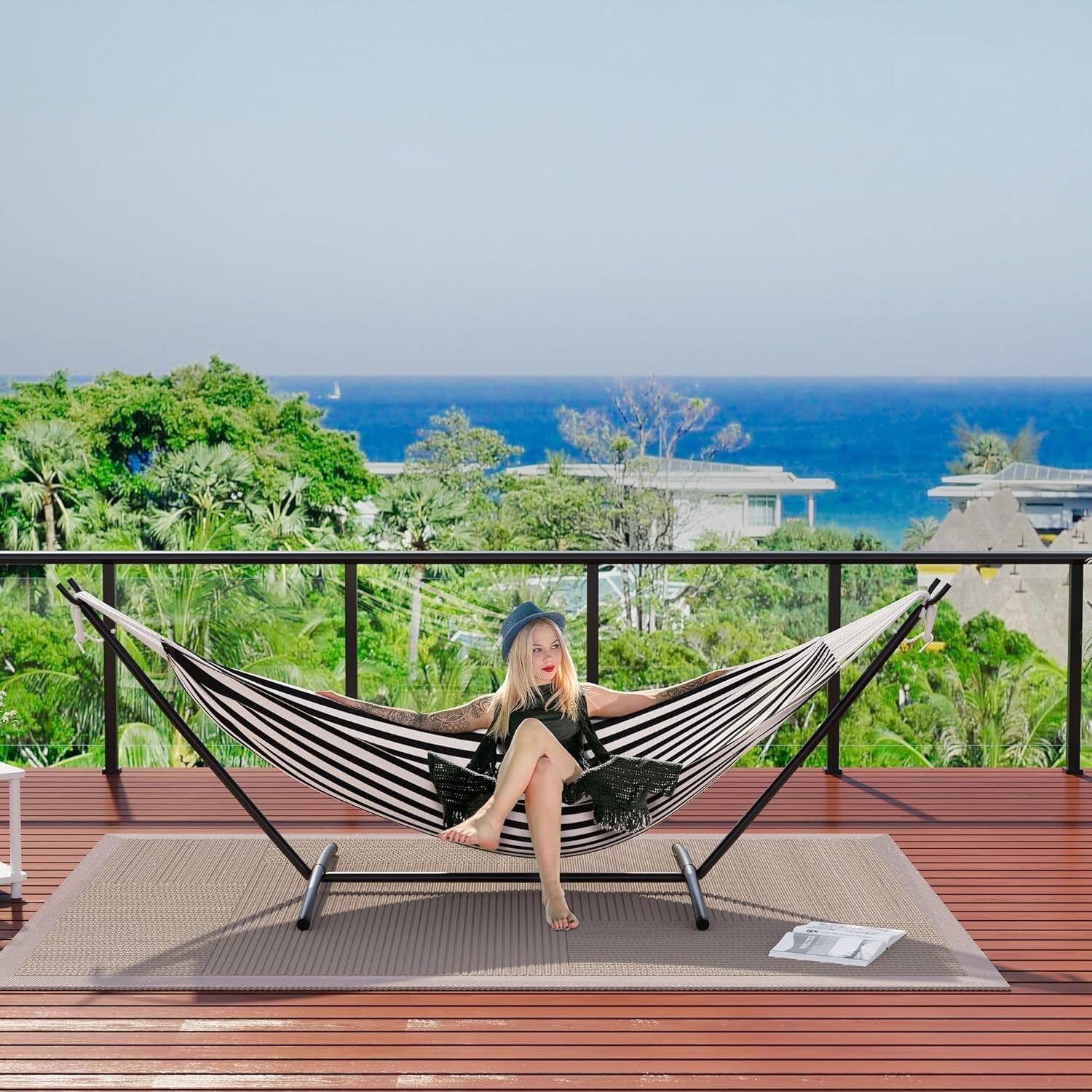 Alt View 3. Homhougo - Double Portable Hammock w/Stand, 450 LB Capacity, Adjustable Chair, Outdoor.