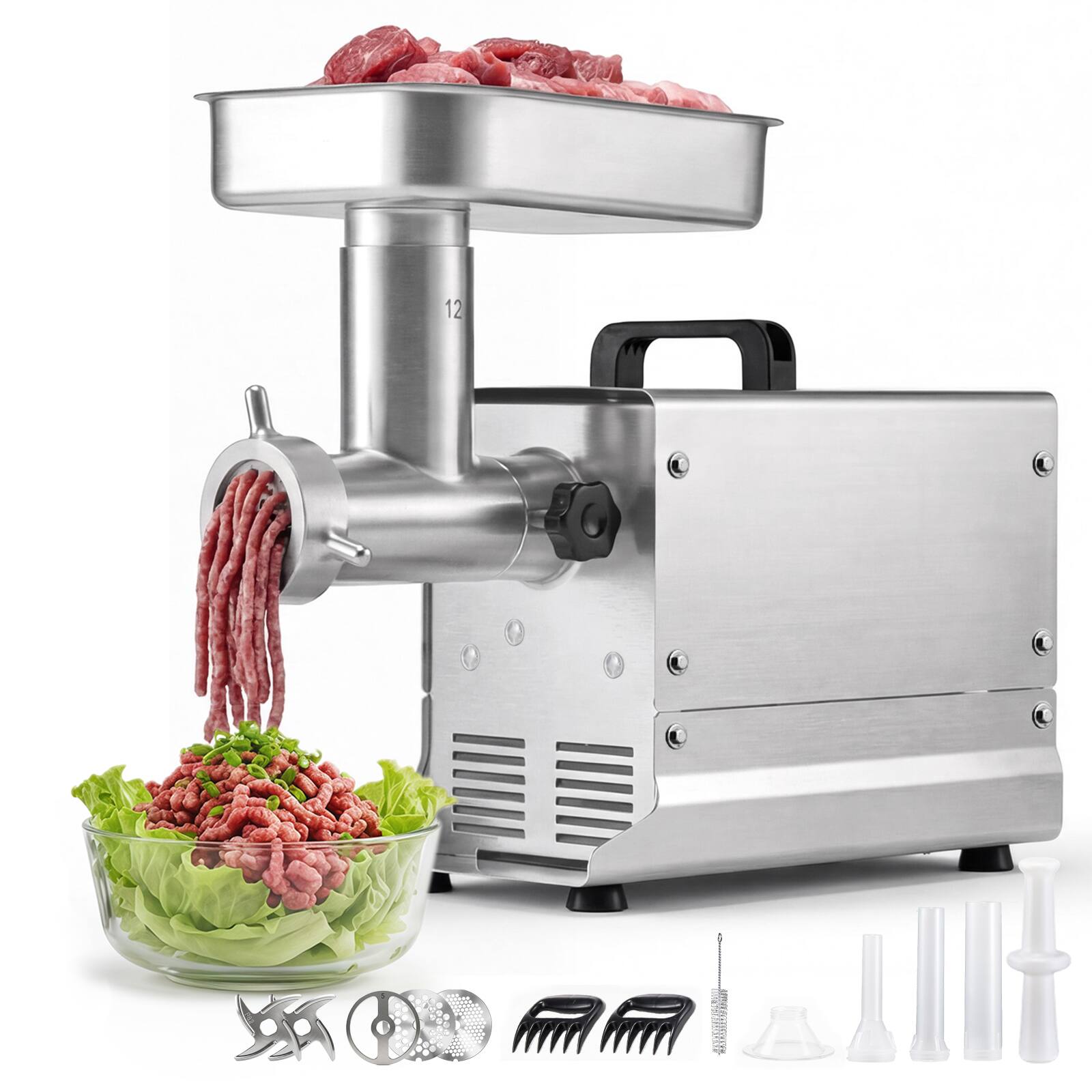 Front. VEVOR - Commercial Meat Grinder, 11 Lbs/Min Capacity, #12 Electric Meat Mincer with 3 Plates, 3 Sausage Stuffing Tubes - Silver.