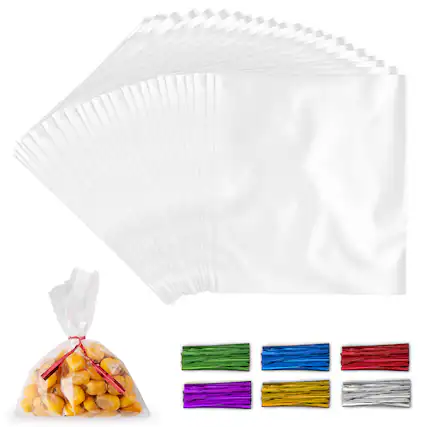Front. Zulay Kitchen - Simple Craft 200 Pack Candy Treat Cellophane bags - 6x9 Inches Thick Plastic Candy Bags With Ties For Goodie Bags - Clear.