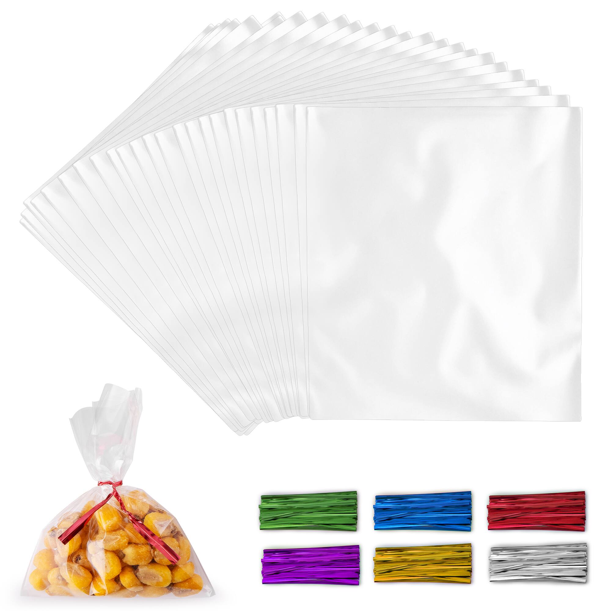Front. Zulay Kitchen - Simple Craft 200 Pack Candy Treat Cellophane bags - 6x9 Inches Thick Plastic Candy Bags With Ties For Goodie Bags - Clear.