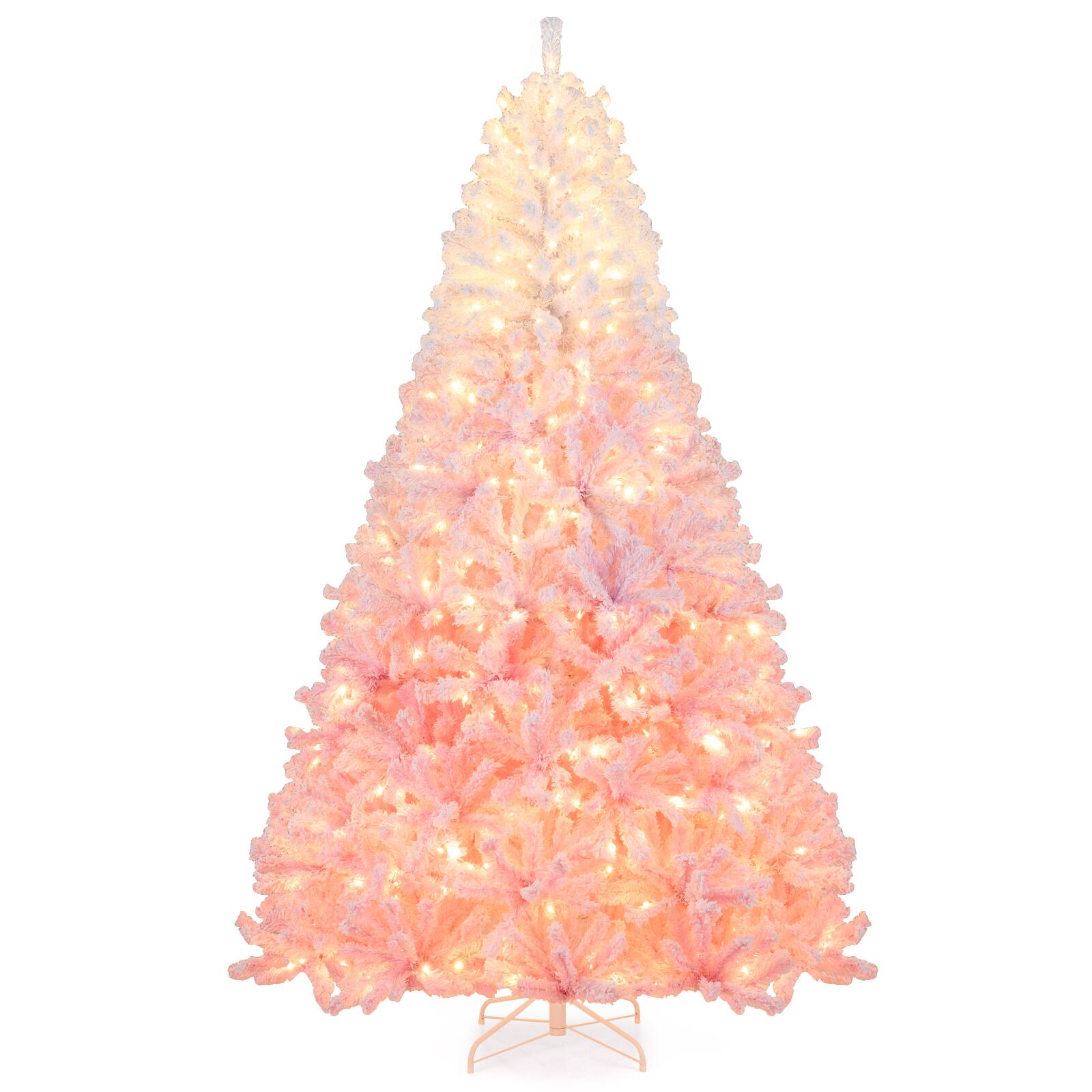 Gymax - 8 FT Artificial Christmas Tree Hinged Snow Flocked Xmas Tree w/ 1774 Branch Tips - Pink