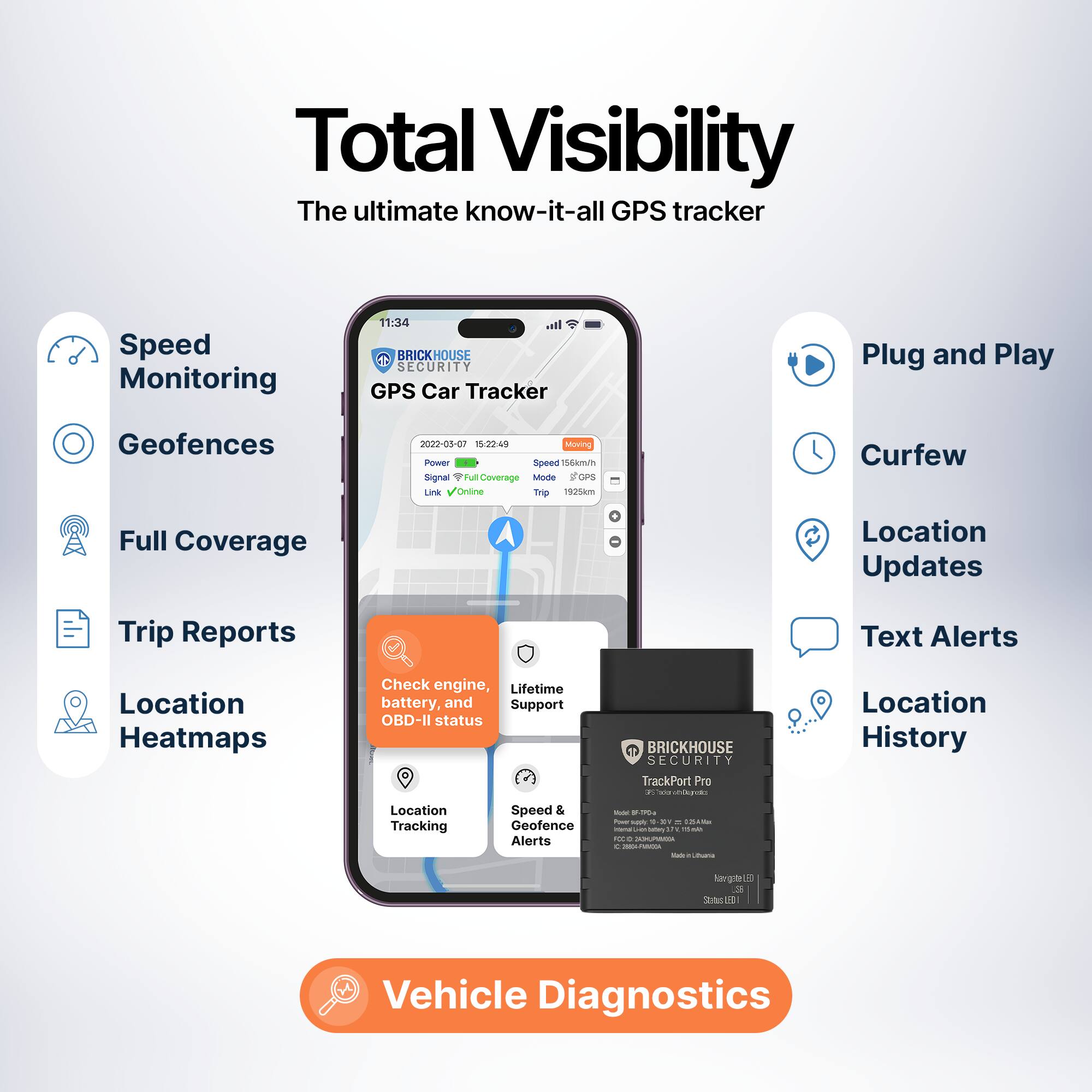Total Visibility  
The ultimate know-it-all GPS tracker  

Speed Monitoring  
Geofences  
Full Coverage  
Trip Reports  
Location Heatmaps  

Check engine, battery, and OBD-II status  

Location Tracking  
Speed & Geofence Alerts  

Vehicle Diagnostics  

Plug and Play  
Curfew  
Location Updates  
Text Alerts  
Location History  

BRICKHOUSE SECURITY  
TrackPort Pro  

Model: TrackPort Pro  
Power: 12V DC  
Size: 2.5 x 2.5 x 1.5 inches  
Weight: 2.5 oz  
GPS: GLONASS, Galileo, BeiDou  
GSM: 850/900/1800/1900 MHz  
SIM: Micro SIM  
Battery: 12V, 1000mAh  
Operating Temperature: -20°C to 60°C  
Storage Temperature: -40°C to 85°C  
Waterproof: IP67  

2022-03-07 15:22:49  
Moving  
Speed 7564um  
Signal Full Coverage  
Link Online  
1925km  

Power Full Coverage  
Link Online  

Moving  
Speed 156km/h  
Distance 1925km  

Location History  
Vehicle Diagnostics