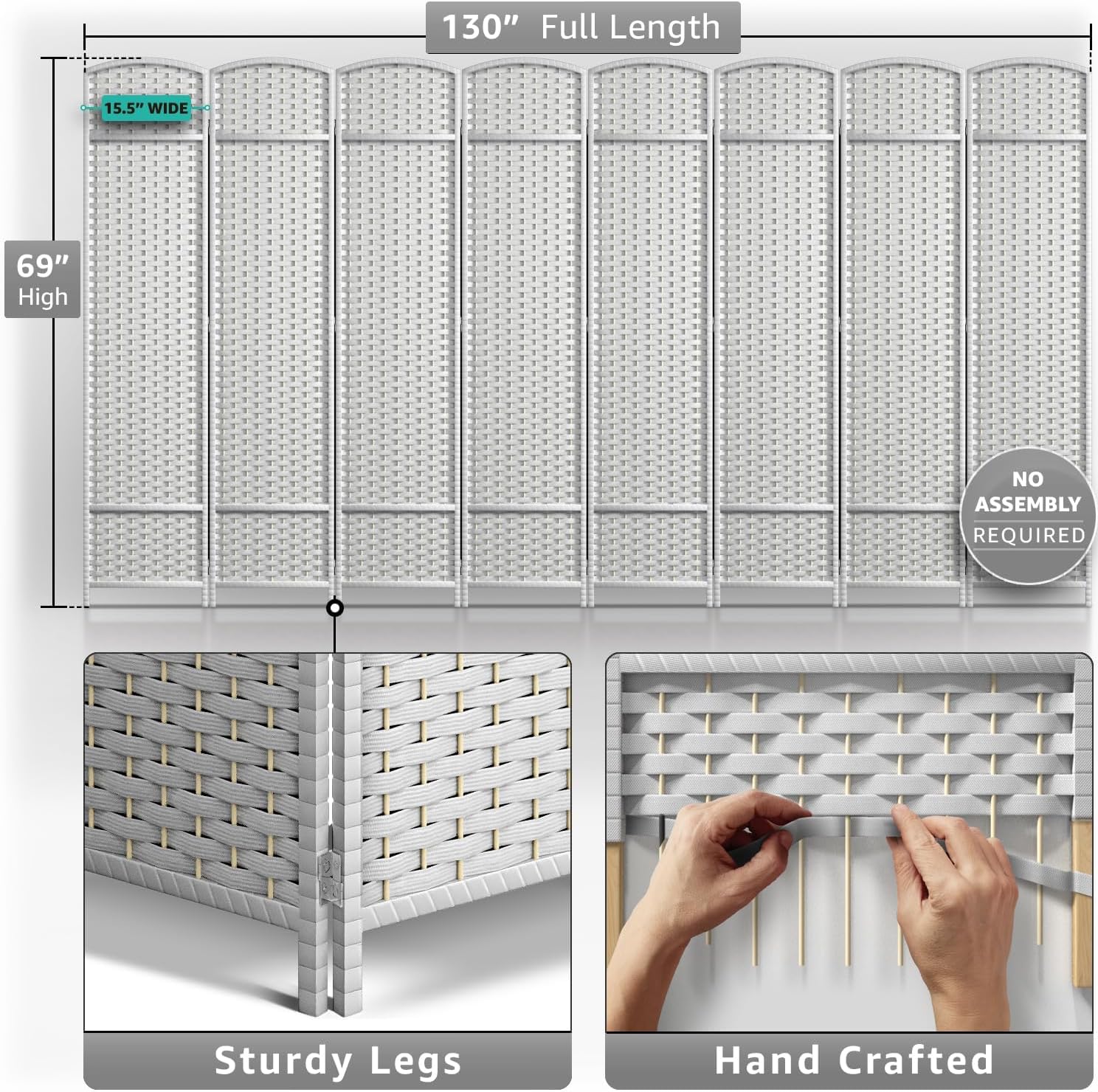 130" Full Length  
15.5" Wide  
69" High  
No Assembly Required  
Sturdy Legs  
Hand Crafted