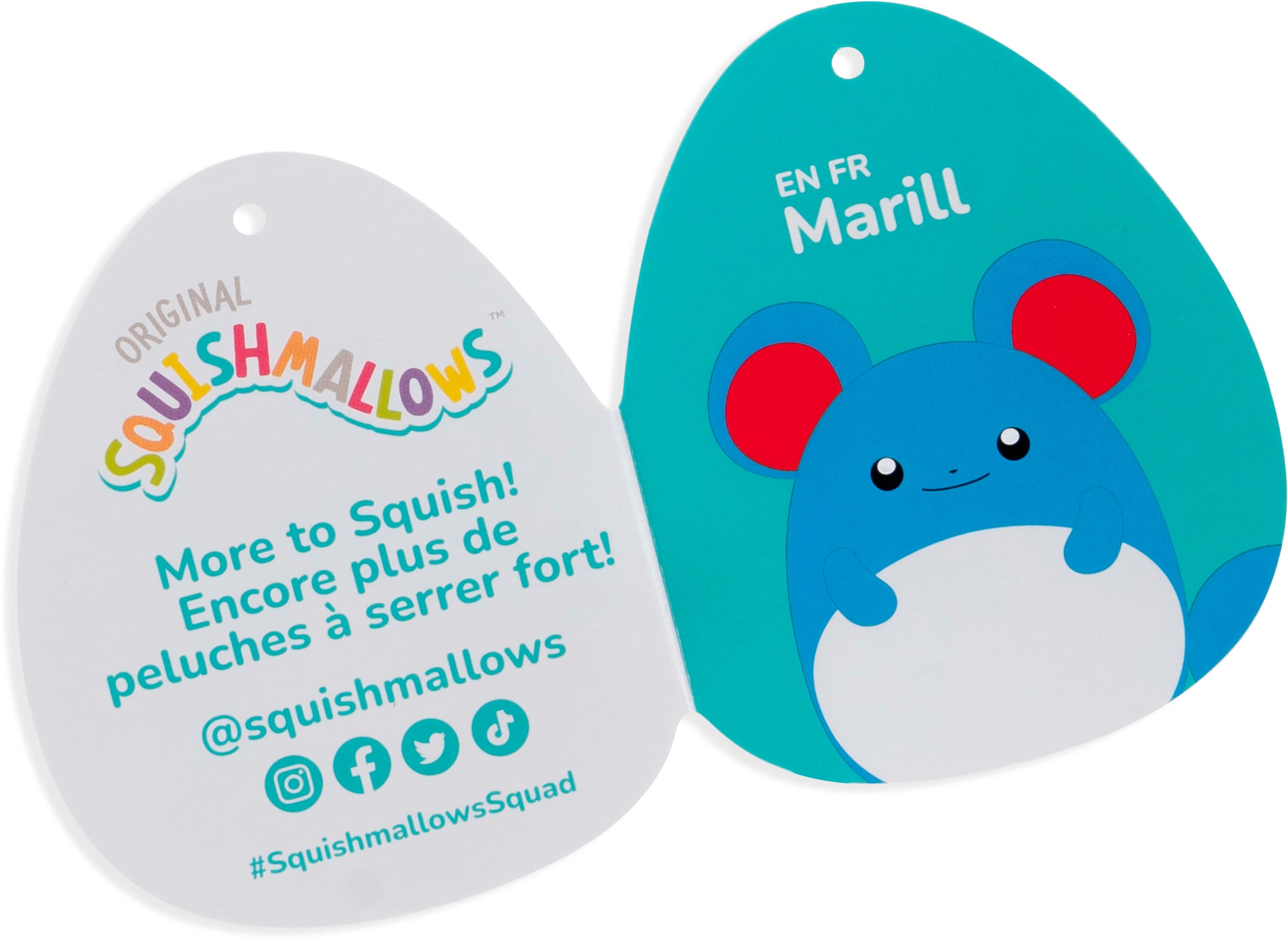 The text on the image reads:
"Encore à serrer peluches @squishmallows f #SquishmallowsSquad EN FR Marill"
The corrected text would be:
"Encore à serrer peluches @squishmallows f #SquishmallowsSquad EN FR Marill"
There are no errors in the text, so no corrections are needed.