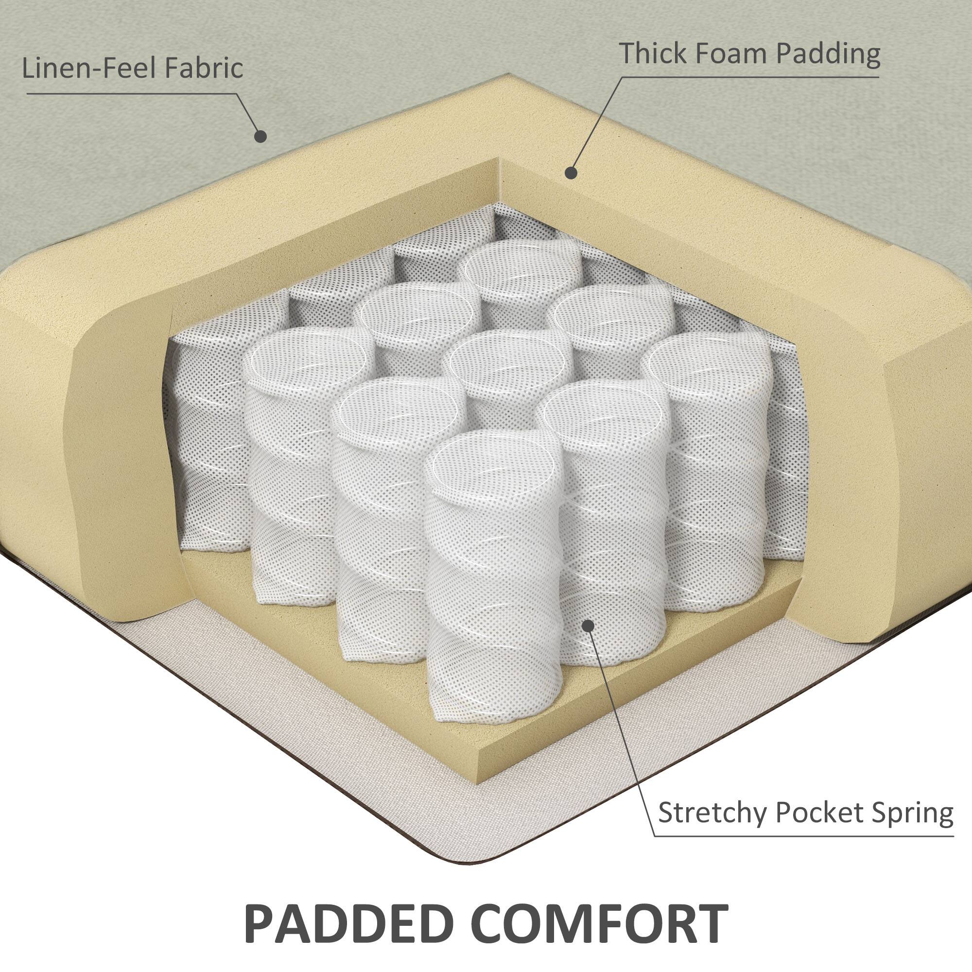 Linen-Feel Fabric  
Thick Foam Padding  
Stretchy Pocket Spring  

Padded Comfort