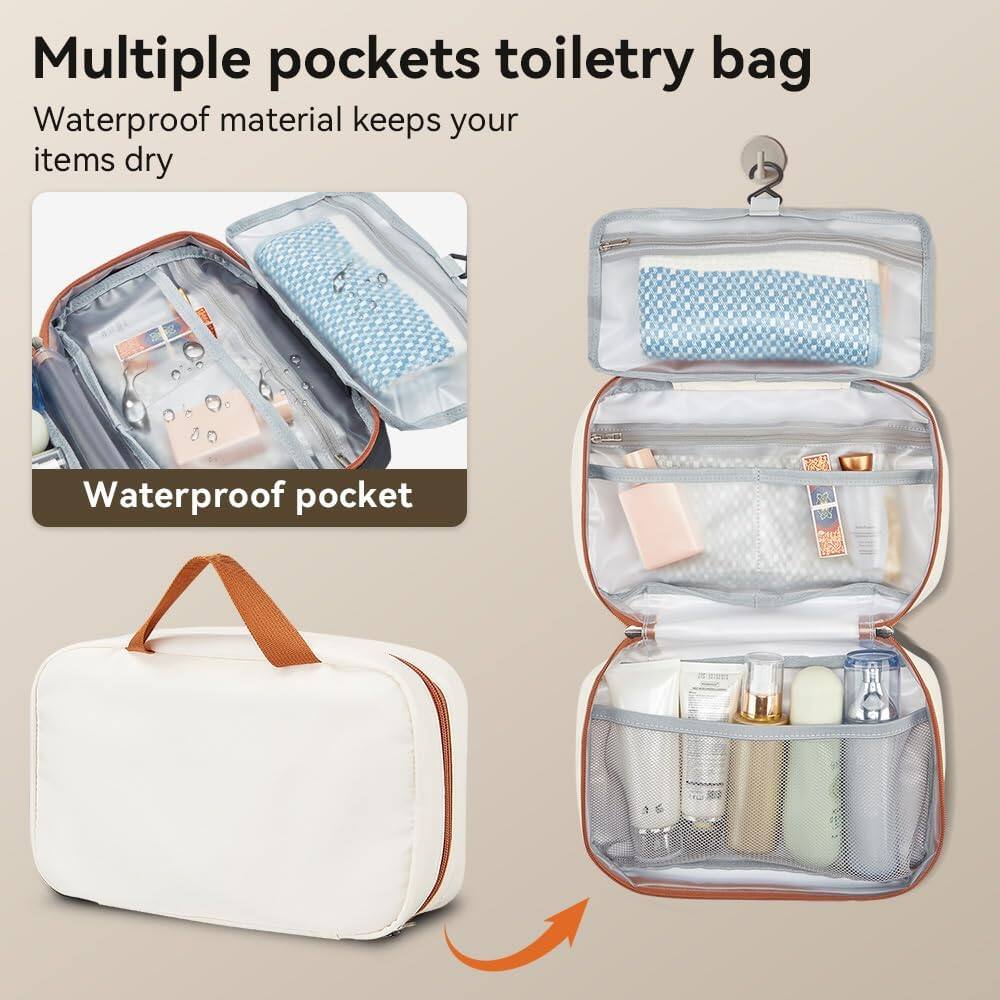 Multiple pockets toiletry bag  
Waterproof material keeps your items dry  
Waterproof pocket