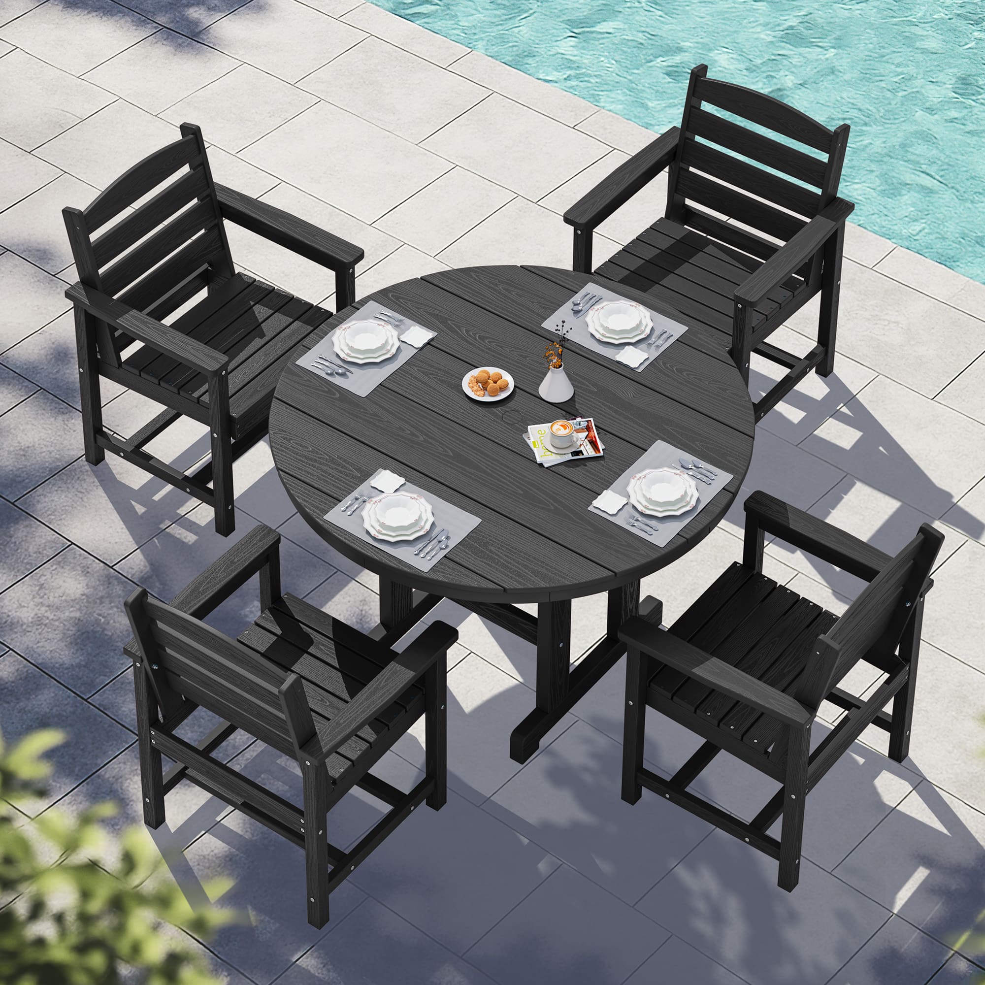 SERWALL - 5-Pc Patio Dining Sets, HDPE Outdoor Table and Chairs Furniture Set, 45" Round Table and 4 Dining Chairs - Black