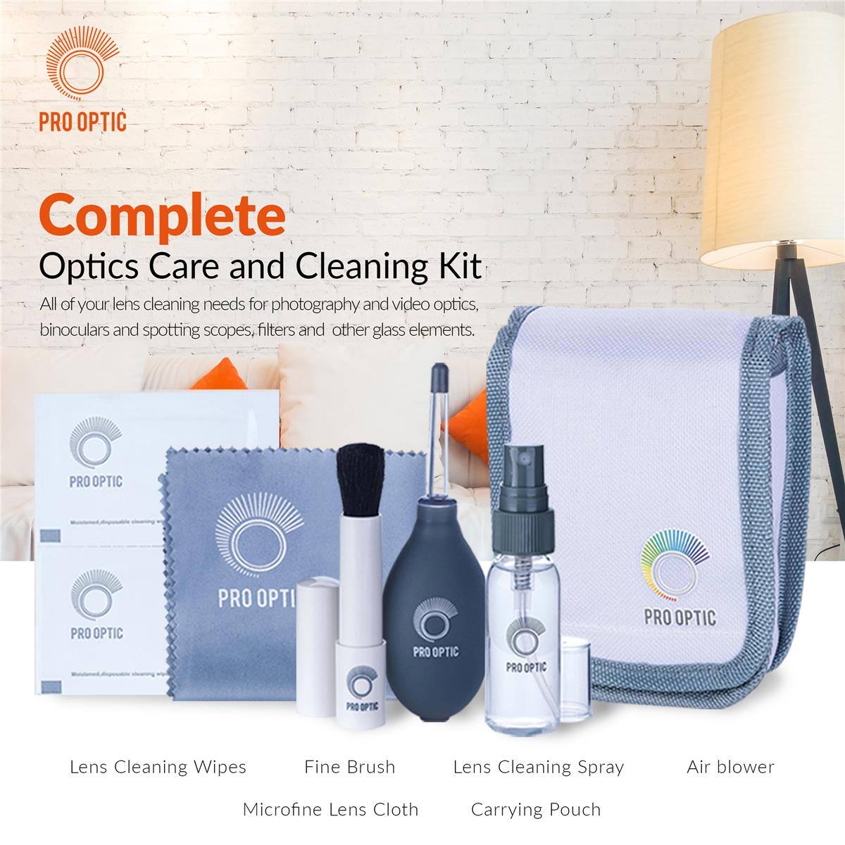 PRO OPTIC Complete Optics Care and Cleaning Kit

All of your lens cleaning needs for photography and video optics, binoculars and spotting scopes, filters and other glass elements.

PRO OPTIC

Lens Cleaning Wipes
Fine Brush
Lens Cleaning Spray
Air blower
Microfine Lens Cloth
Carrying Pouch