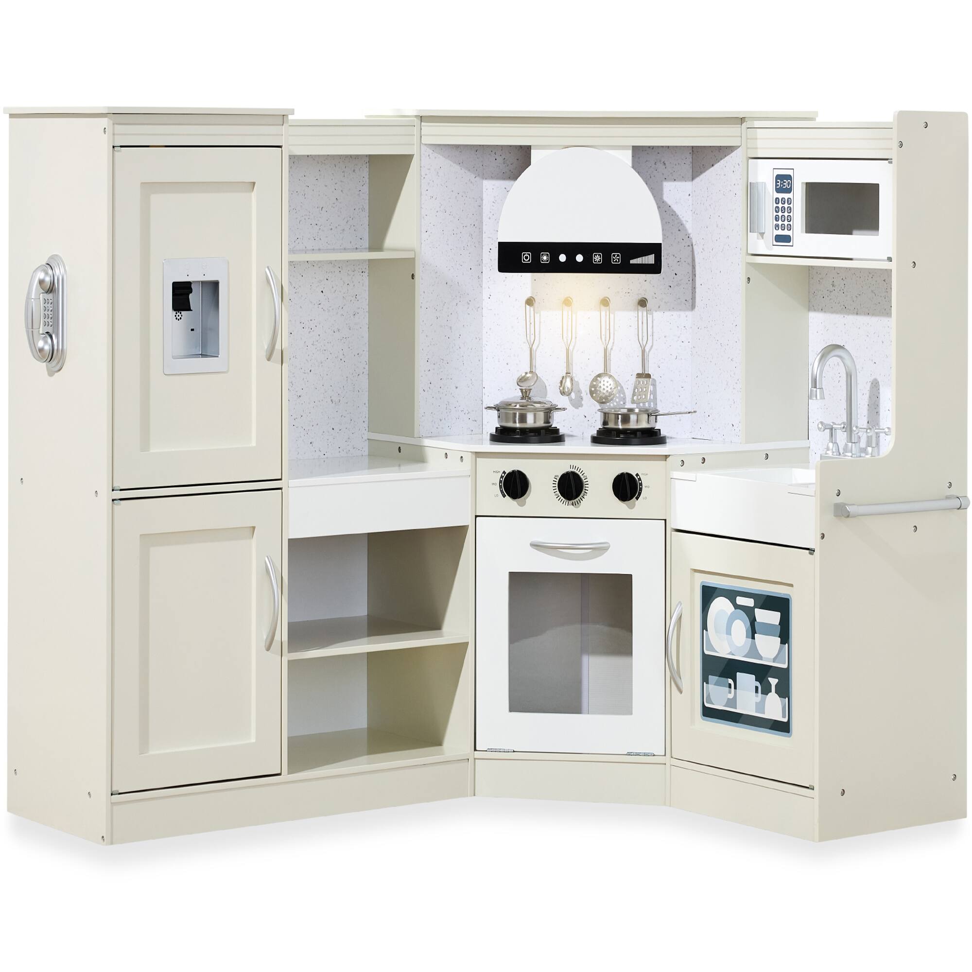 Best Choice Products - Pretend Play Corner Kitchen, Interactive Wooden Kids Set w/ Lights & Sounds - Cream