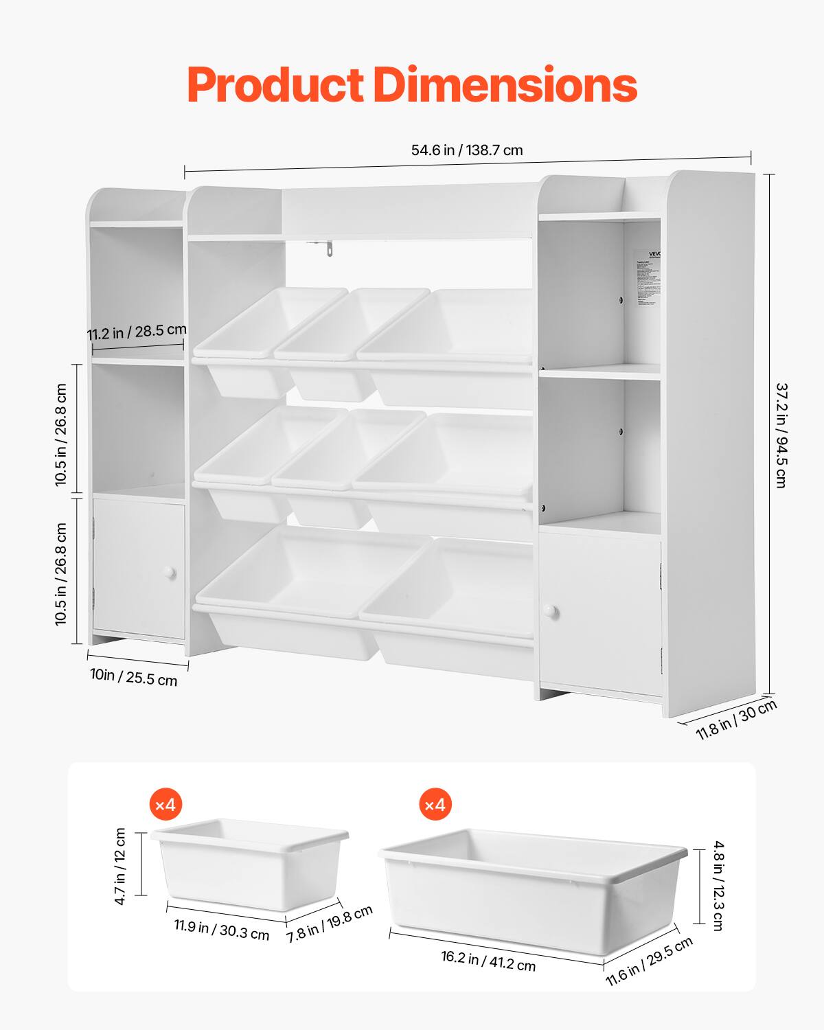 Product Dimensions: 54.6 in / 138.7 cm W x 10.5 in / 26.8 cm D x 11.2 in / 28.5 cm H

Baskets: 11.9 in / 30.3 cm W x 4.8 in / 12.3 cm D x 4.7 in / 12 cm H

Shelves: 11.6 in / 29.5 cm W x 10 in / 25.5 cm D x 11.8 in / 30 cm H