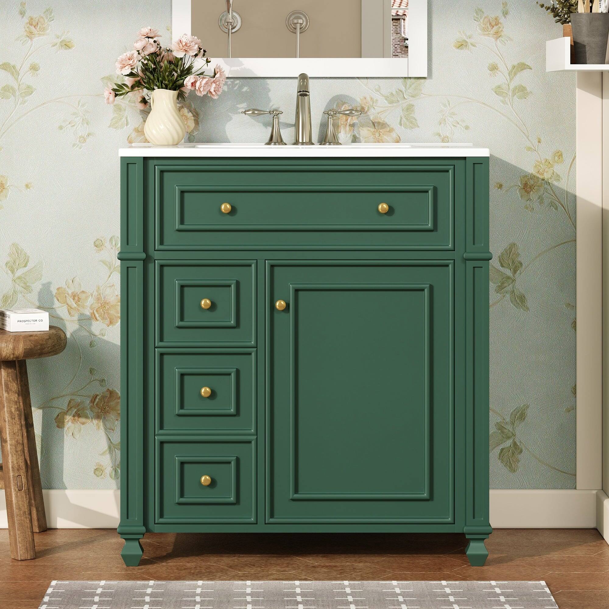 Alt View 4. Boyel Living - 30 Inch French Style Bathroom Vanity with Ceramic Sink and Storage Green - Green.